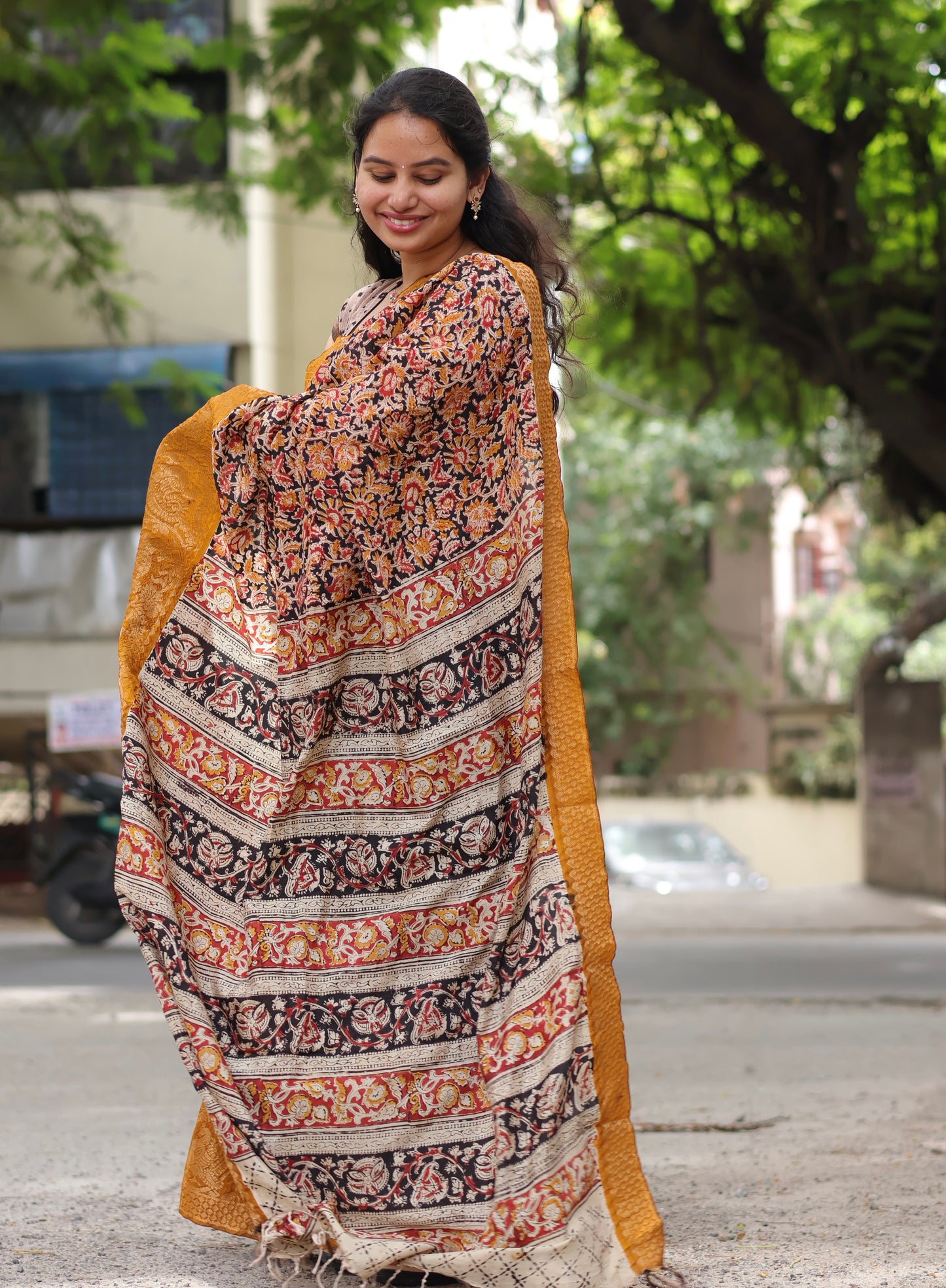 Black & Mustard Kuppadam Border Kalamkari Uppada Silk Saree