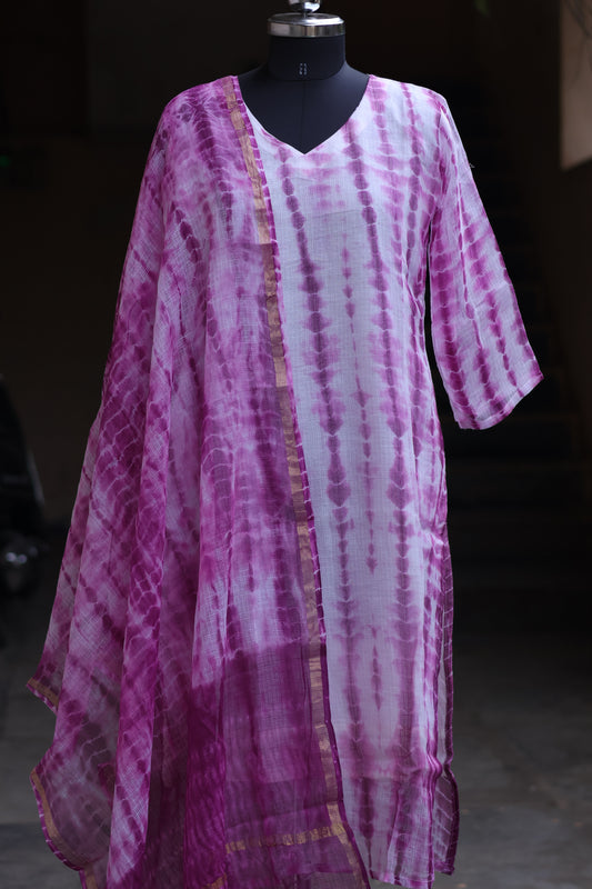 White & Purple Handblock printed kota 3 piece suit (stitched)