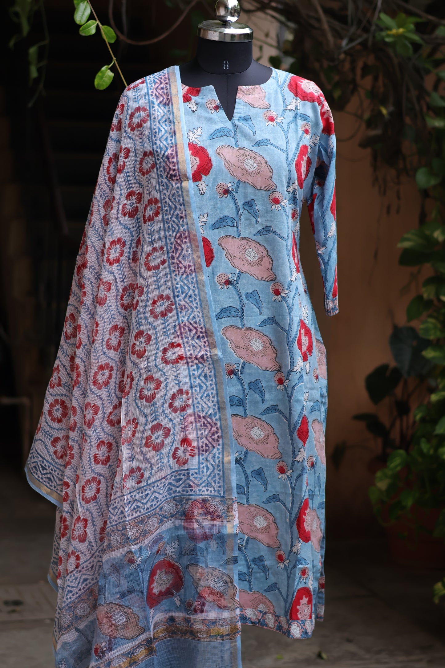 Blue Handblock printed Pure Mul Cotton with Kota Doria Duppata 3 piece suit (stitched)
