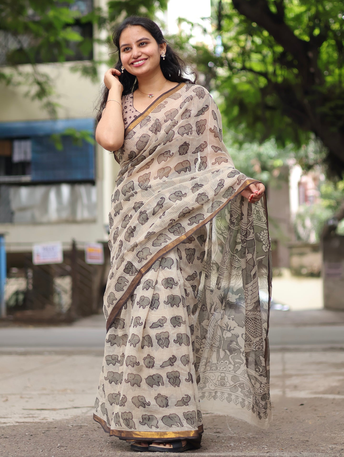 Grey Kalamkari printed Kota Doriya Saree