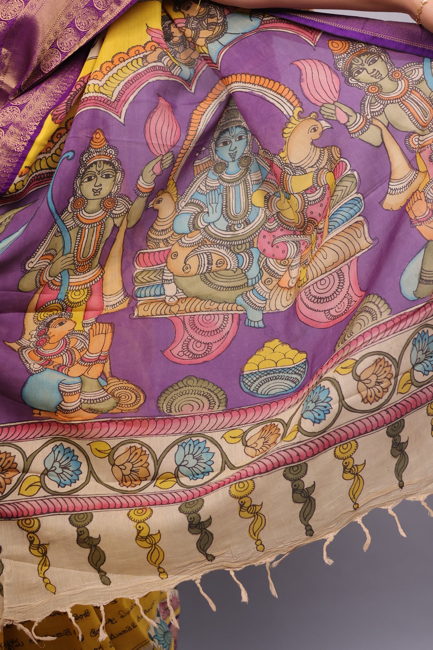 Yellow Hand Painted Pen Kalamkari Silk Saree