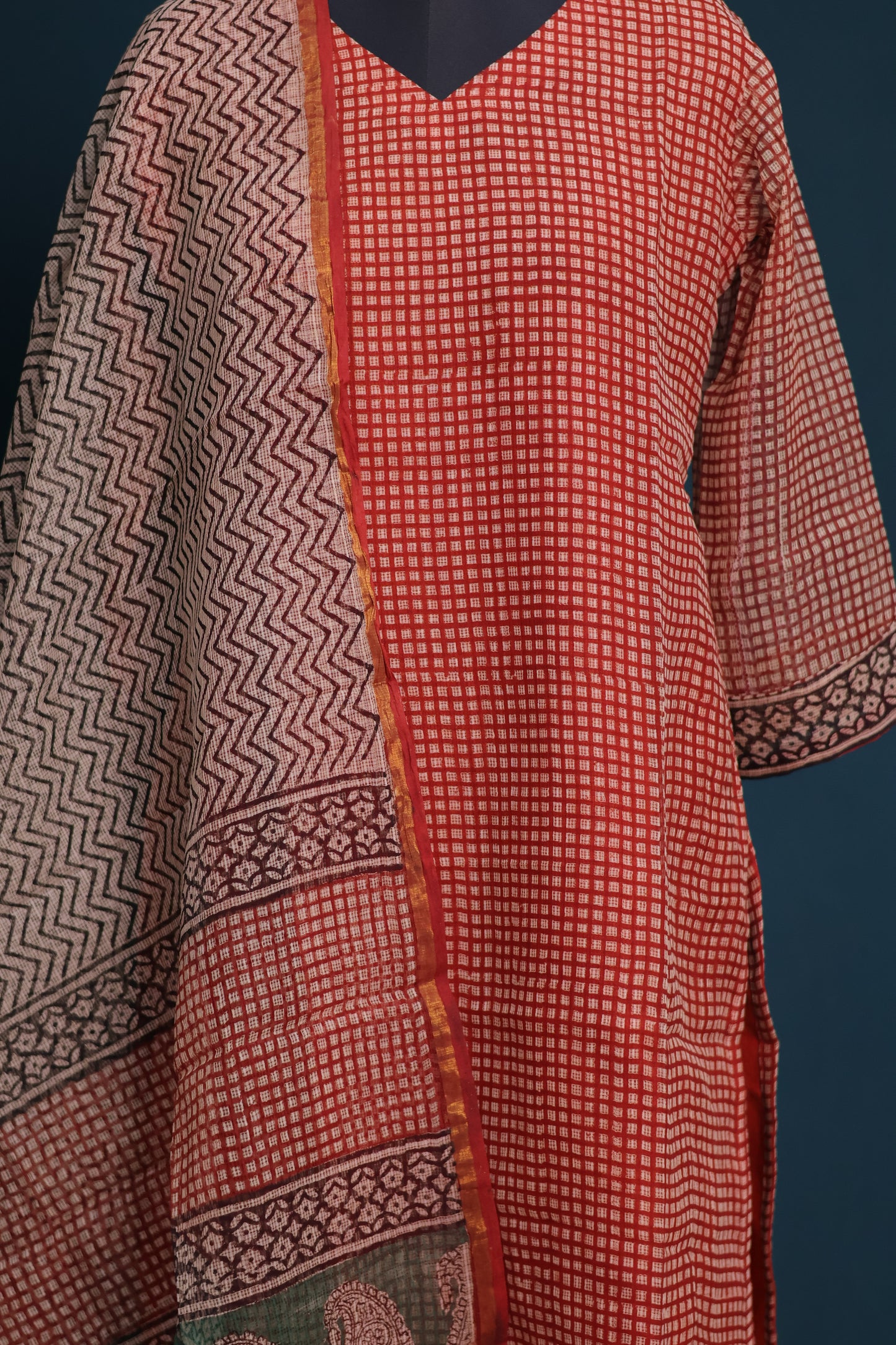 Handblock printed kota 3 piece suit (stitched)