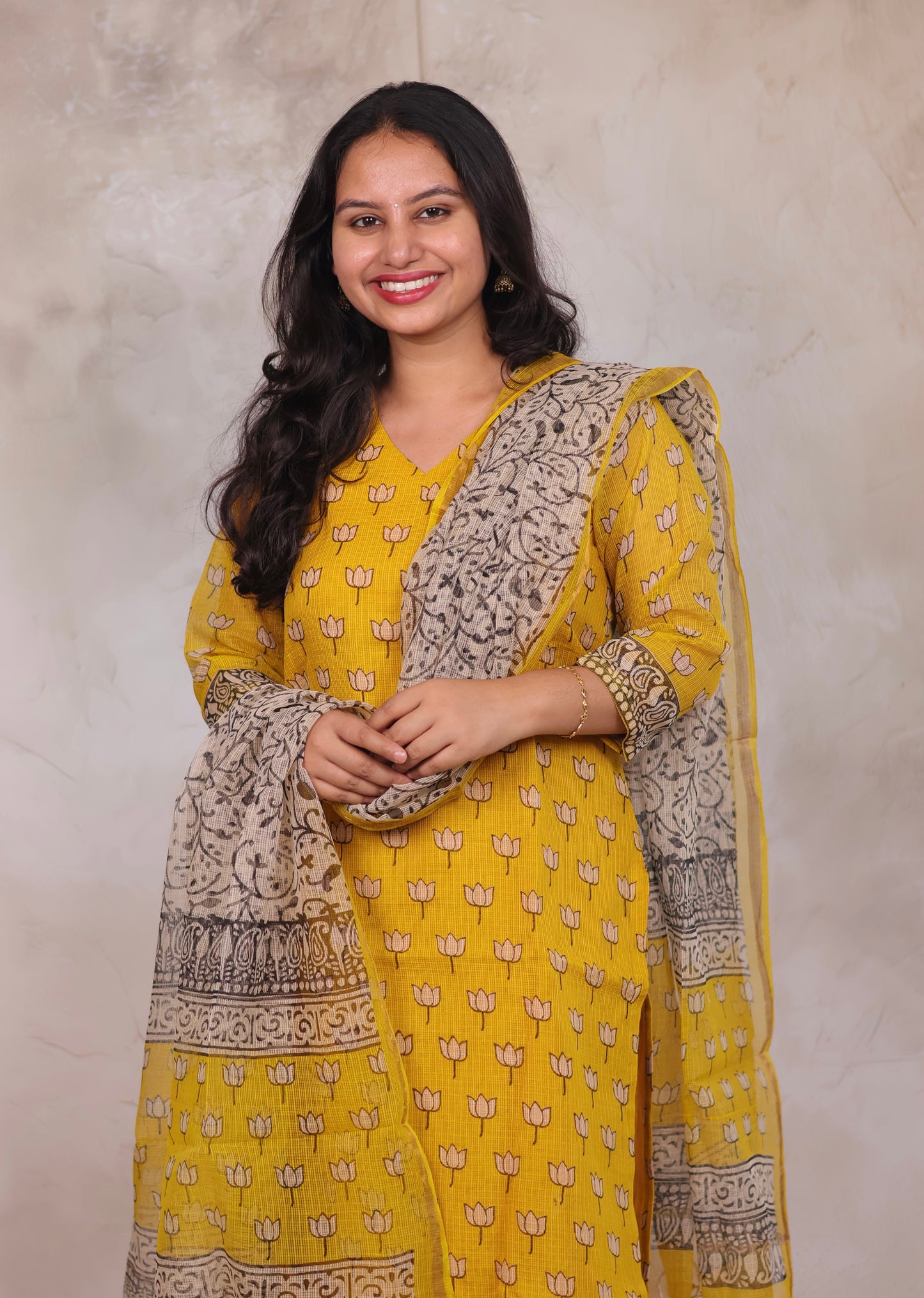 Yellow Handblock printed kota 3 piece suit (stitched)