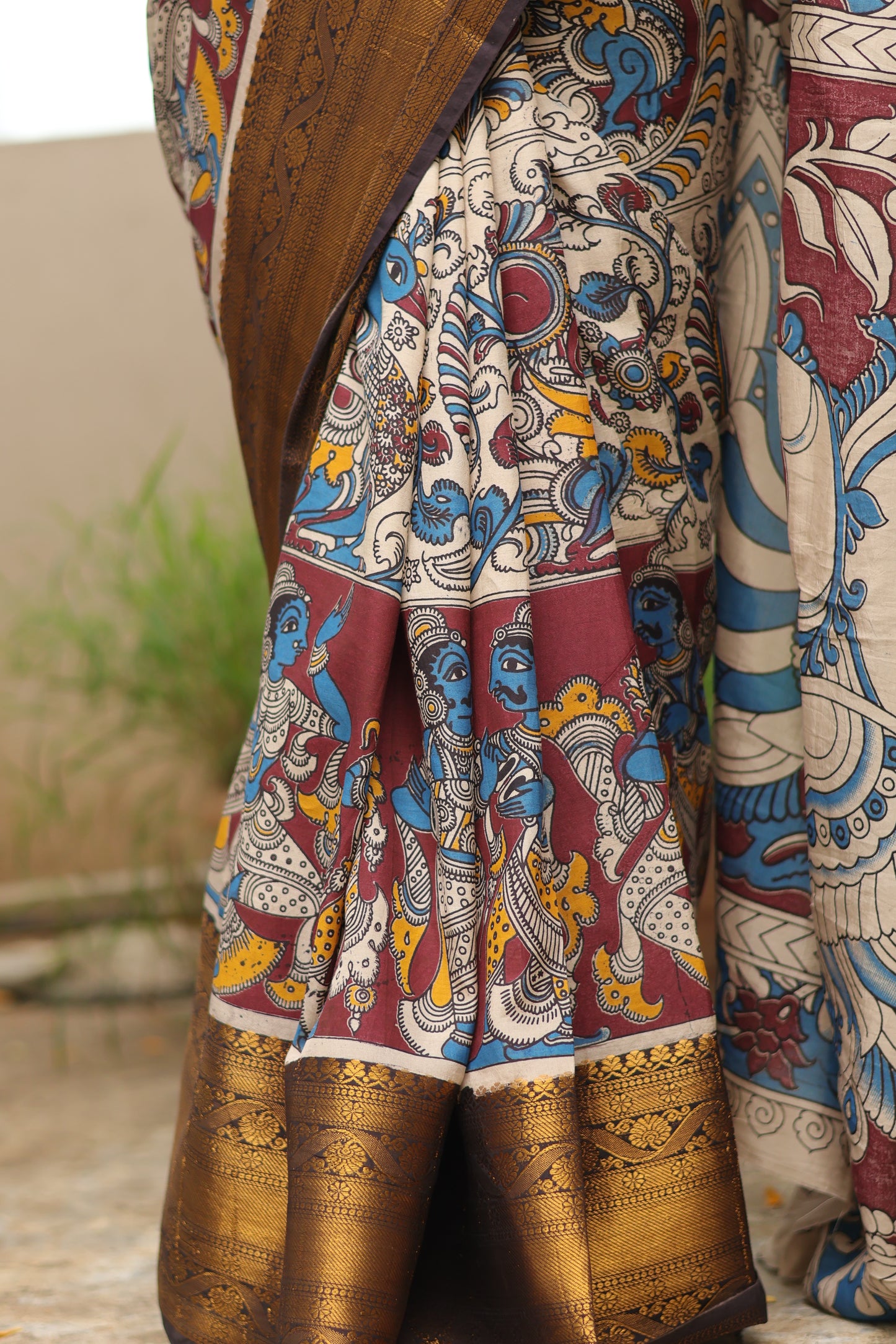 Cream & Brown Kanchi border Kalamkari chennur silk saree