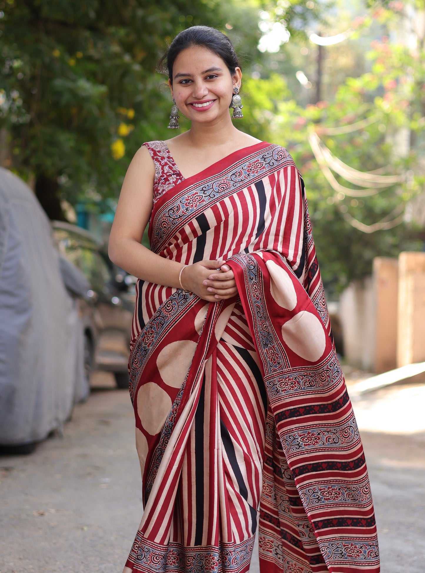 Red Ajrakh Modal Silk Saree