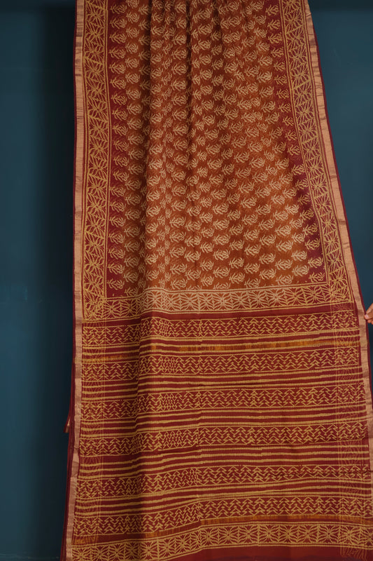 Dual shade Bagru Hand block printed Kota Doria Saree