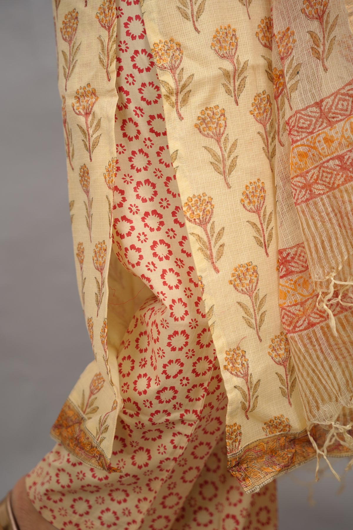 Cream Handblock printed kota 3 piece suit (stitched)| Looms & Tassels