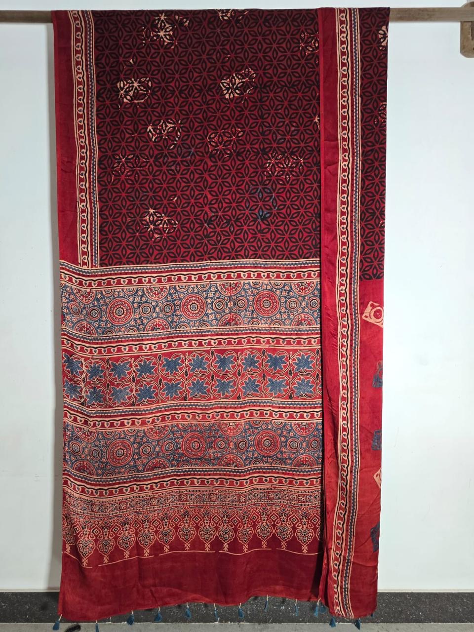 Red Exclusive Geometric Star Ajrakh Handblock Printed Modal Silk Sare