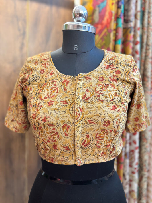 Round neck Stretchable Hand block printed kalamkari blouse with front hooks