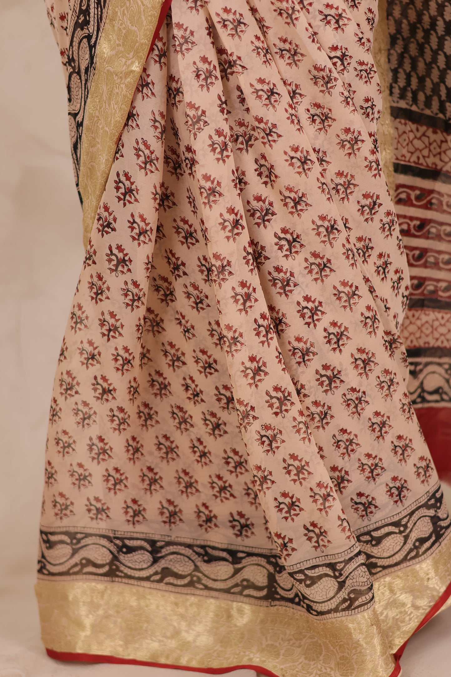 Cream Chiffon Hand Block Printed Saree with Jari Border | Looms & Tassels