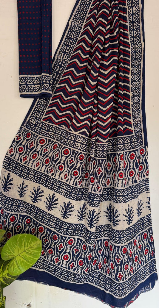 Bagru Handblock printed MulMul cotton saree