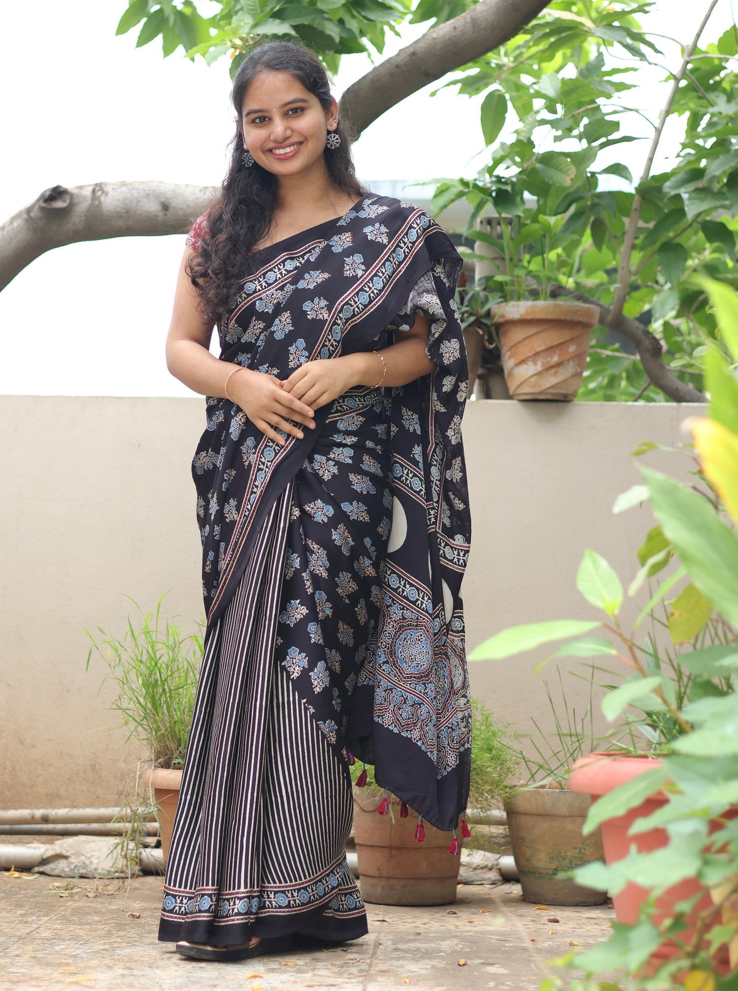 Black Ajrakh Modal Silk Saree