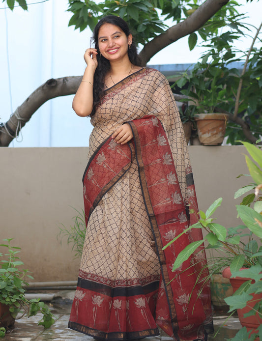 Bagru Hand block printed Kota Doriya Saree