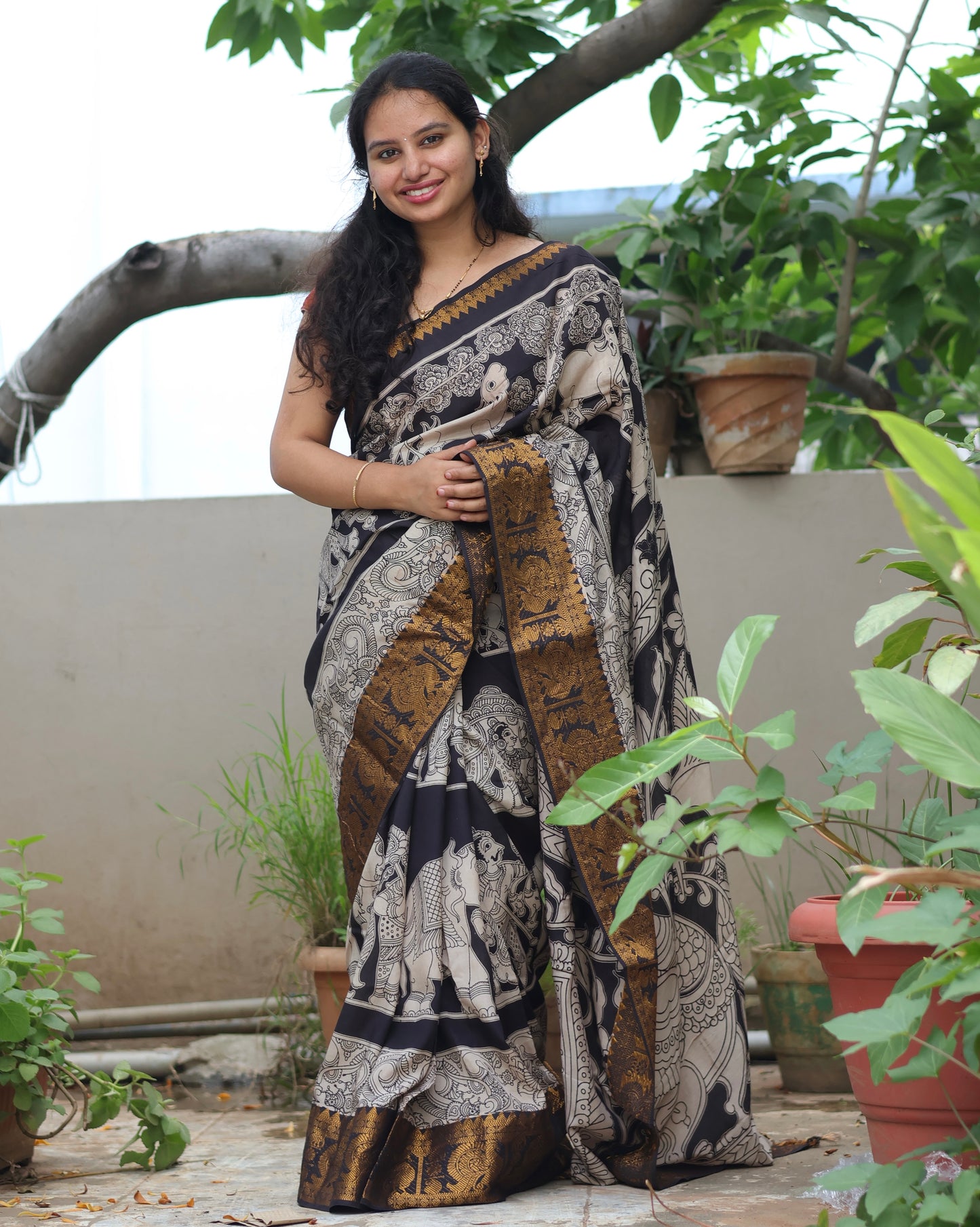 Black Kanchi border Kalamkari chennur silk saree