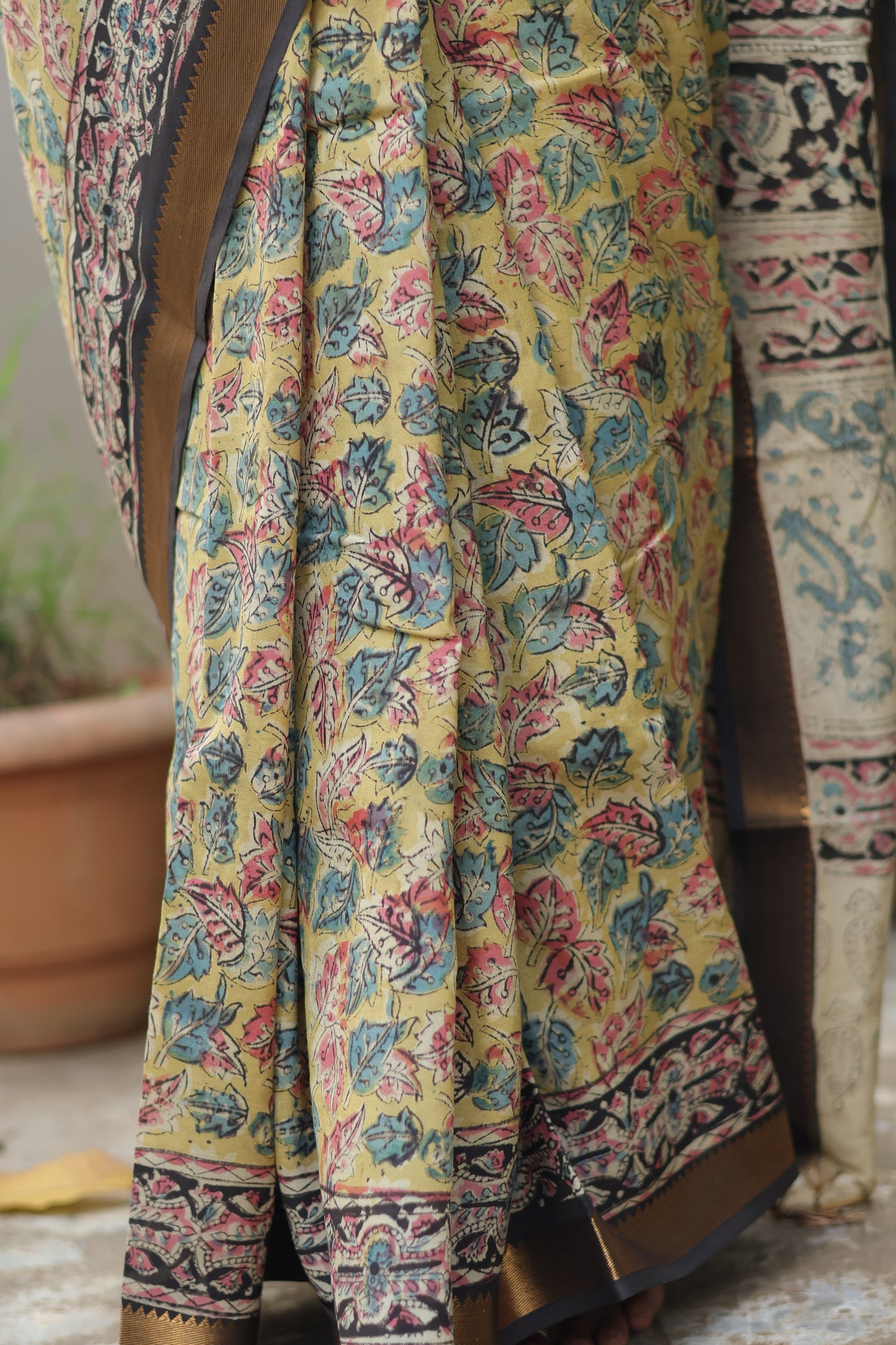 Mustard Hand Block Printed Kalamkari Nizam Border Silk Sare