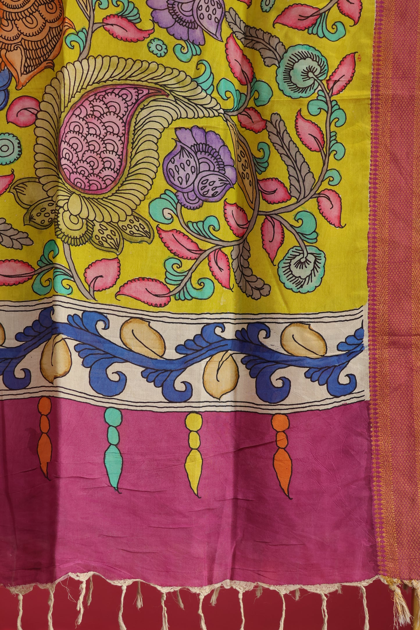Yellow Pen Kalamkari chennur silk duppata