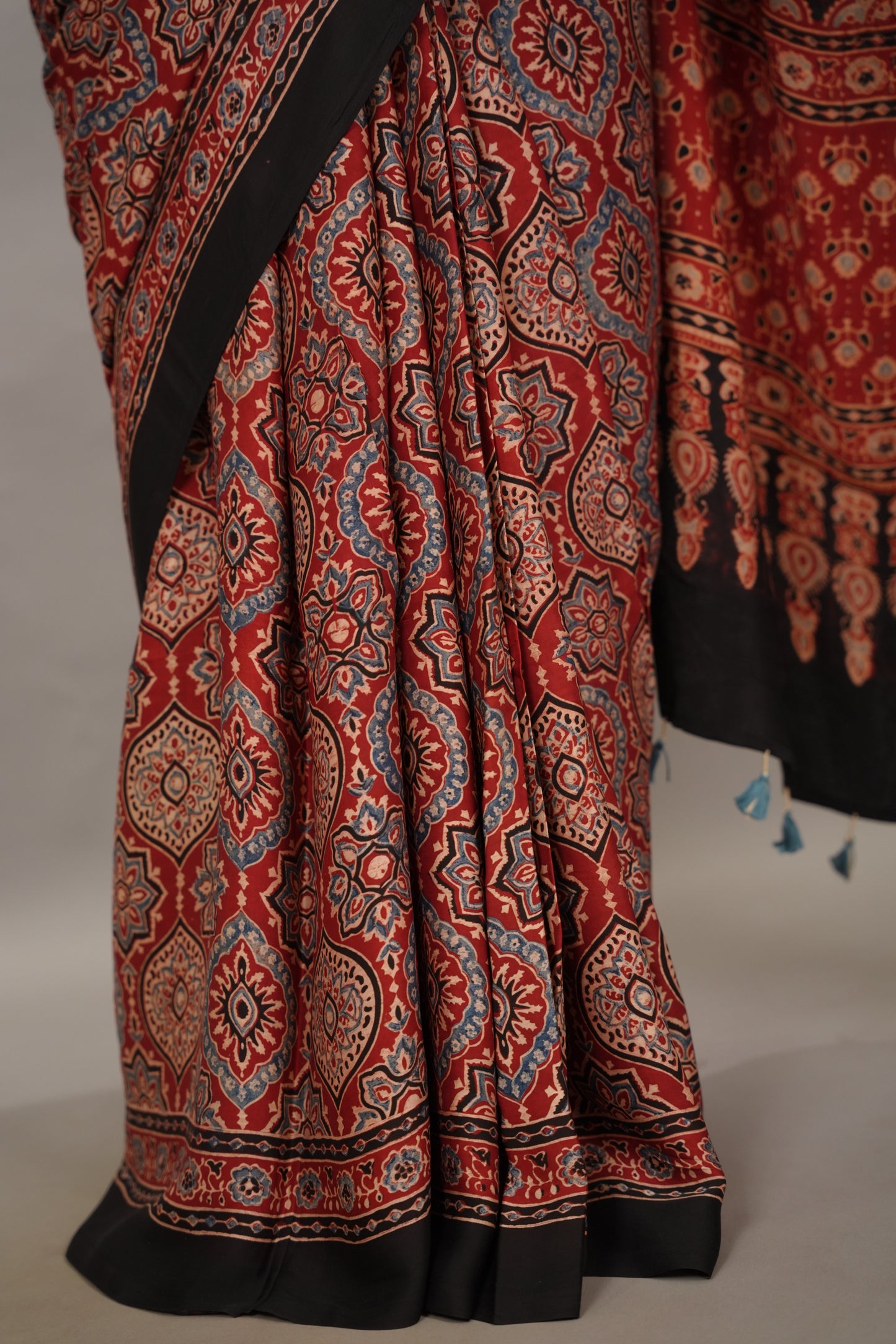 Maroon Badam Butta Authentic Ajrakh Handblock Printed Modal Silk Saree | Looms & Tassels
