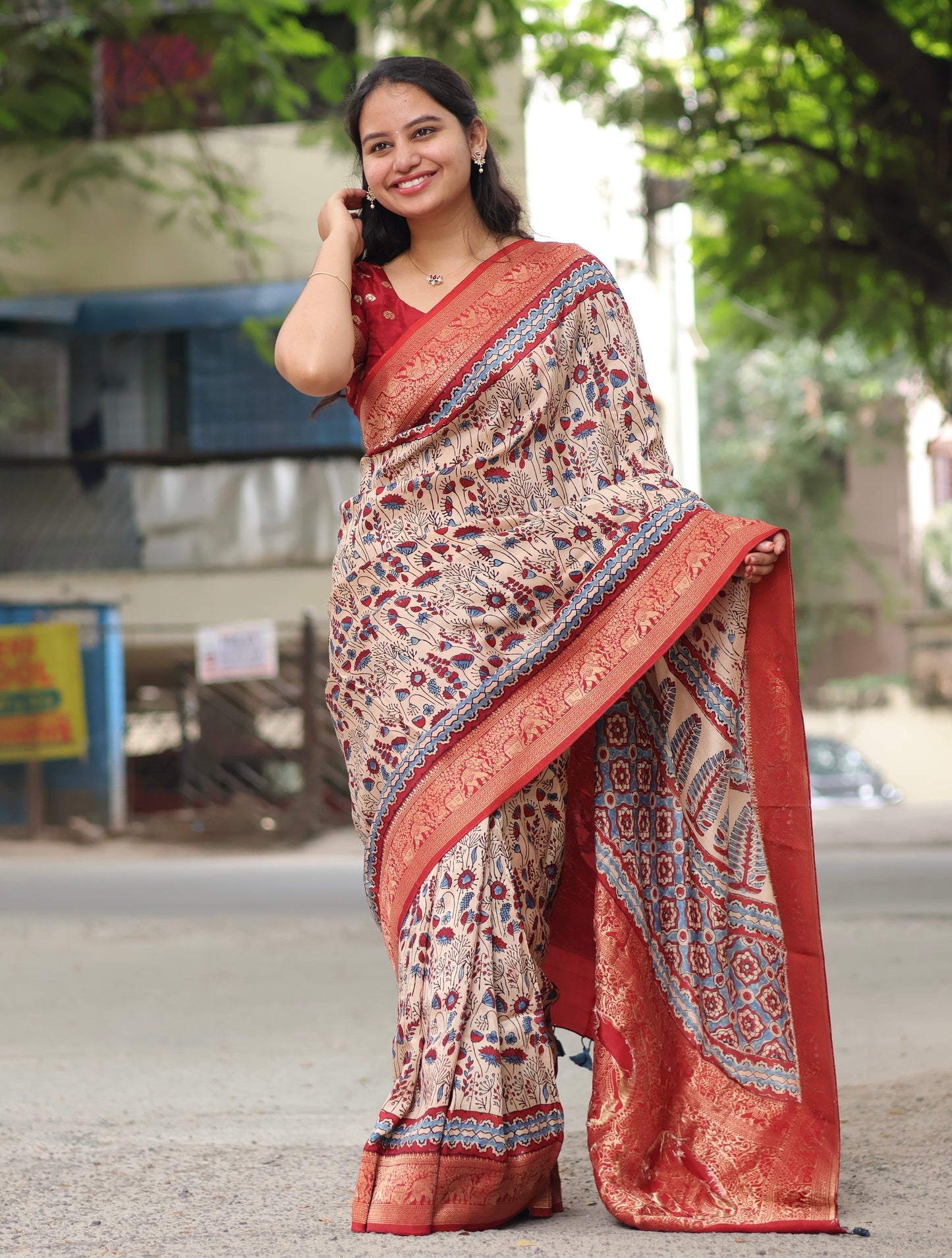 Cream Ajrakh Dola Silk Saree