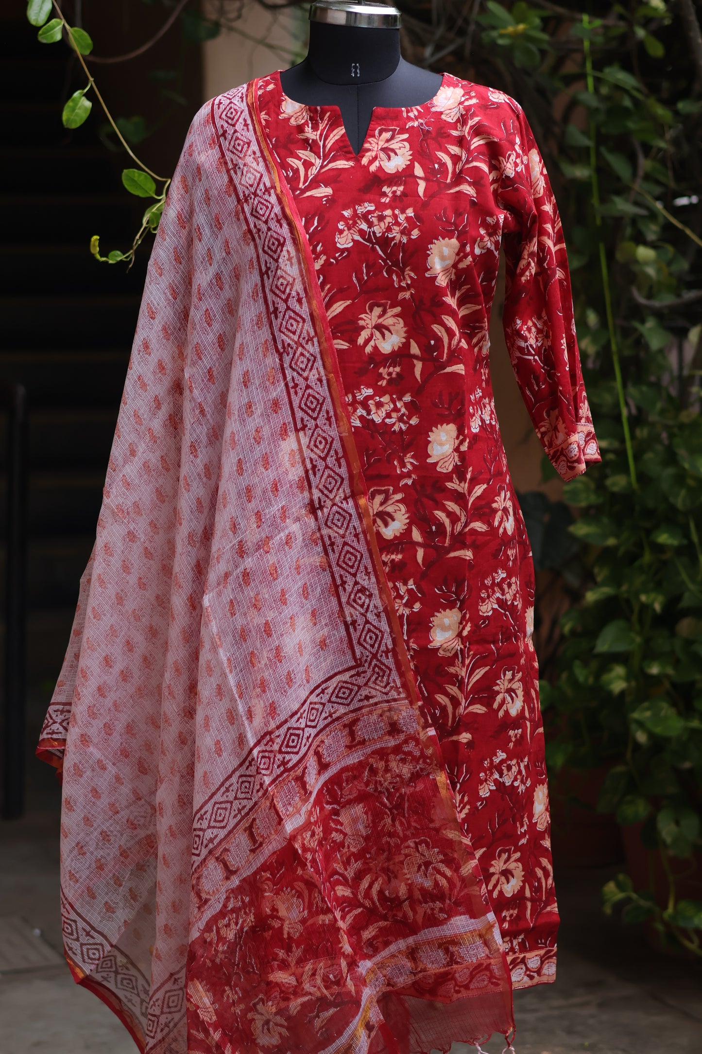 Red Handblock printed Pure Mul Cotton with Kota Doria Duppata 3 piece suit (stitched)