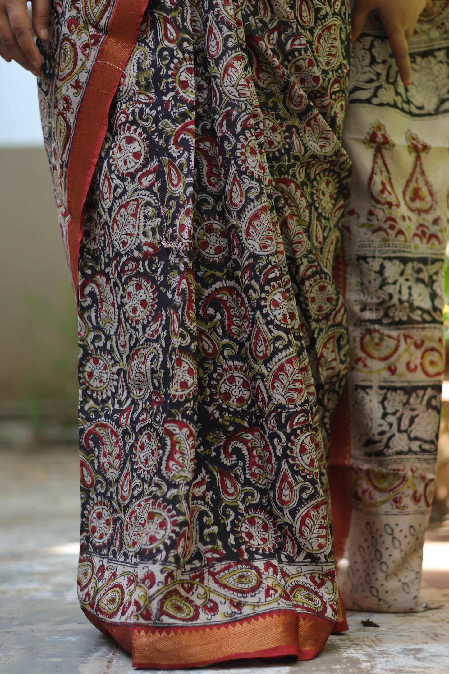 Black Hand Block Printed Kalamkari Nizam Border Silk Sare