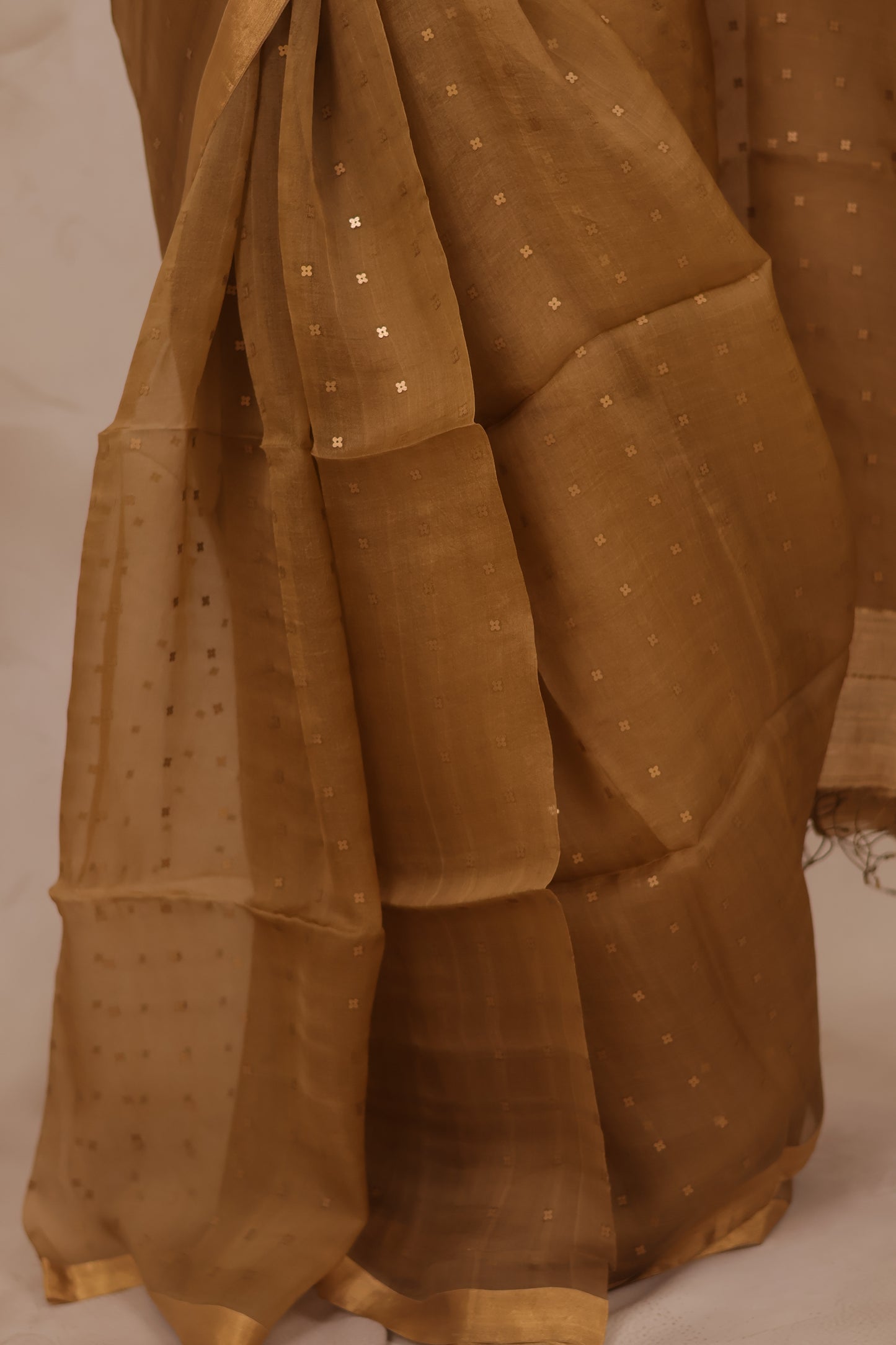 Mustard Brown Handwoven Muslin Silk Saree With Sequence Work | Looms & Tassels