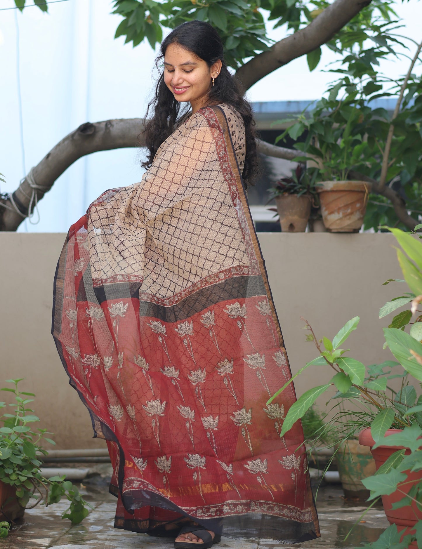 Bagru Hand block printed Kota Doriya Saree
