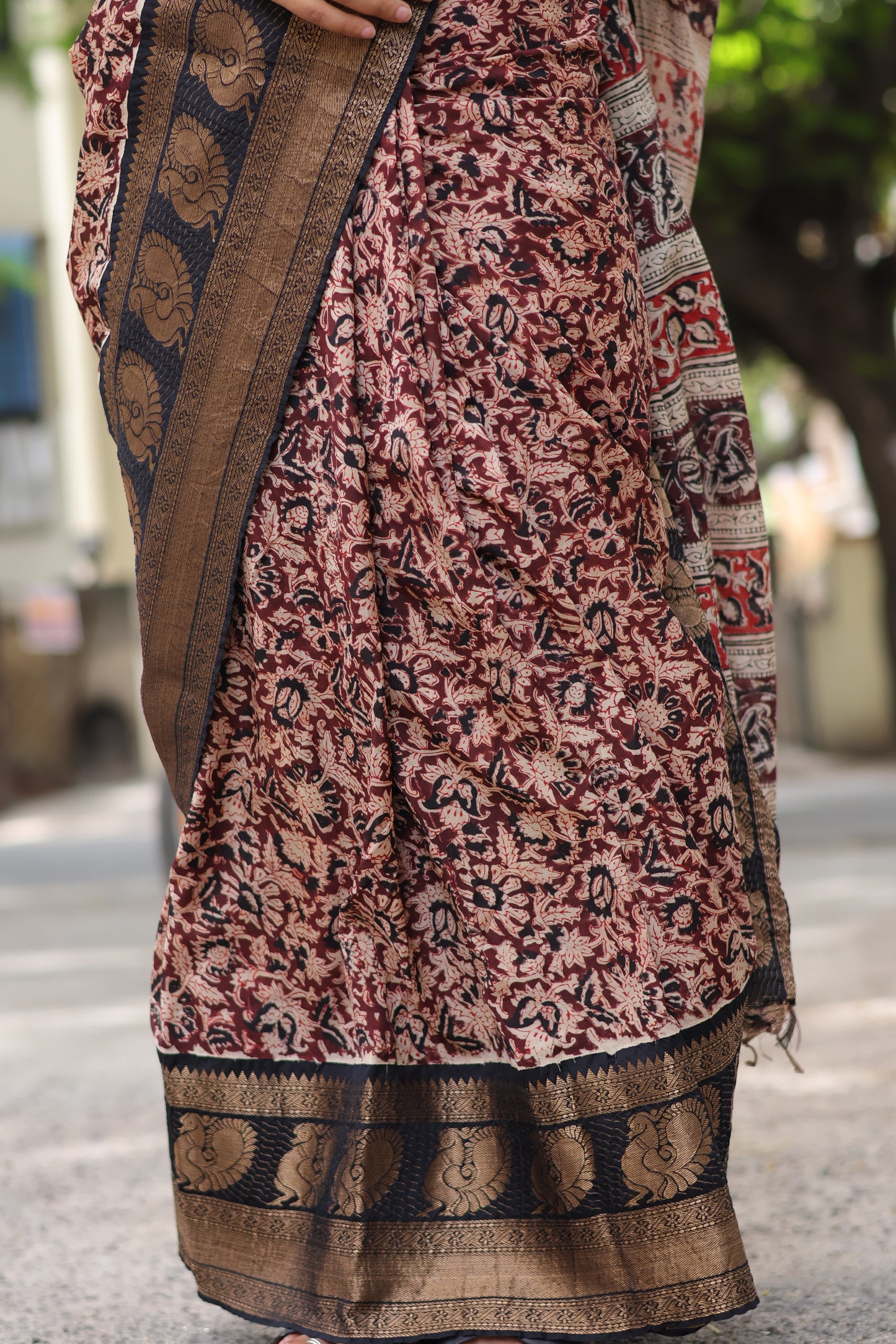 Brown & Black Kuppadam Border Kalamkari Uppada Silk Saree
