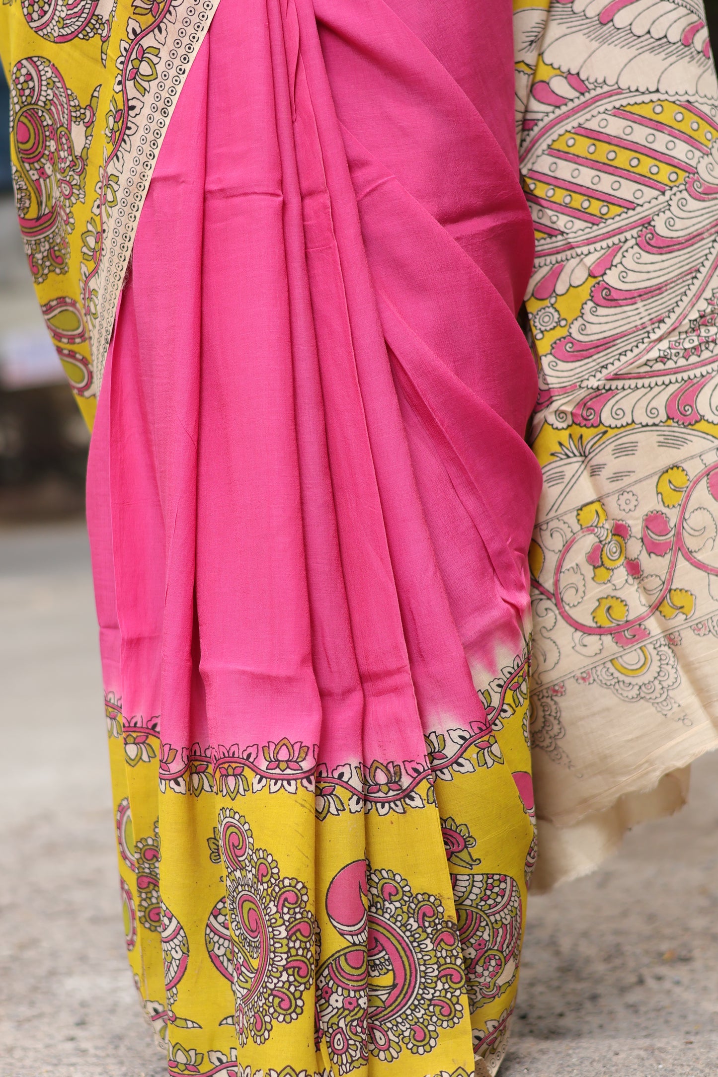 Pink & Yellow Kalamkari dyeing premium chennur silk saree