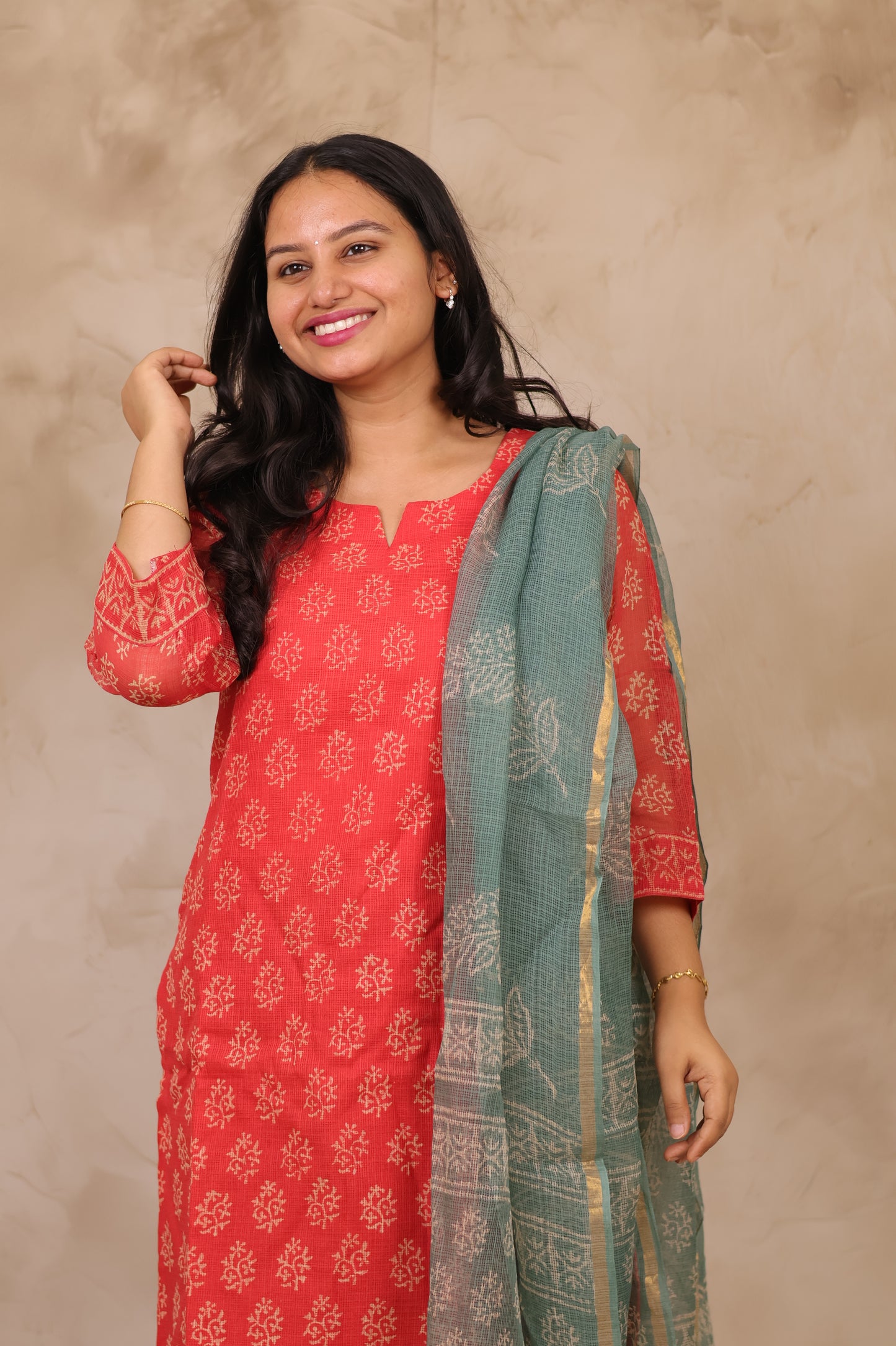 Red & Sea Green Handblock printed kota 3 piece suit (stitched)