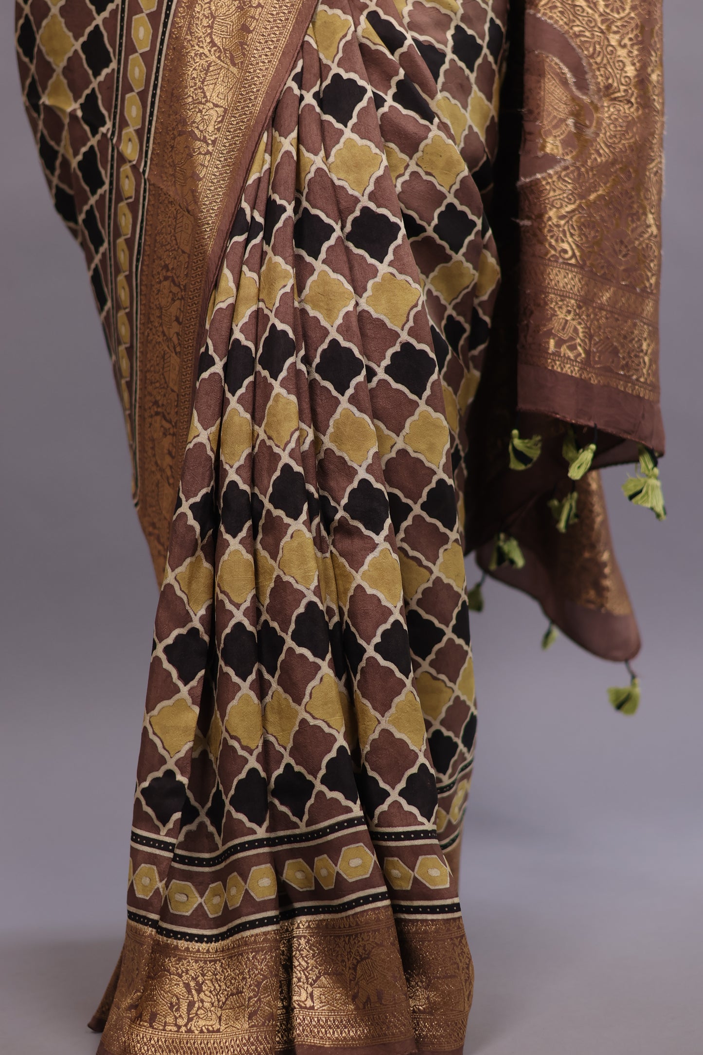 Antique Brown Geometrical Jal pattern Authentic Ajrakh Hand Block printed Dola Silk Saree | Looms & Tassels
