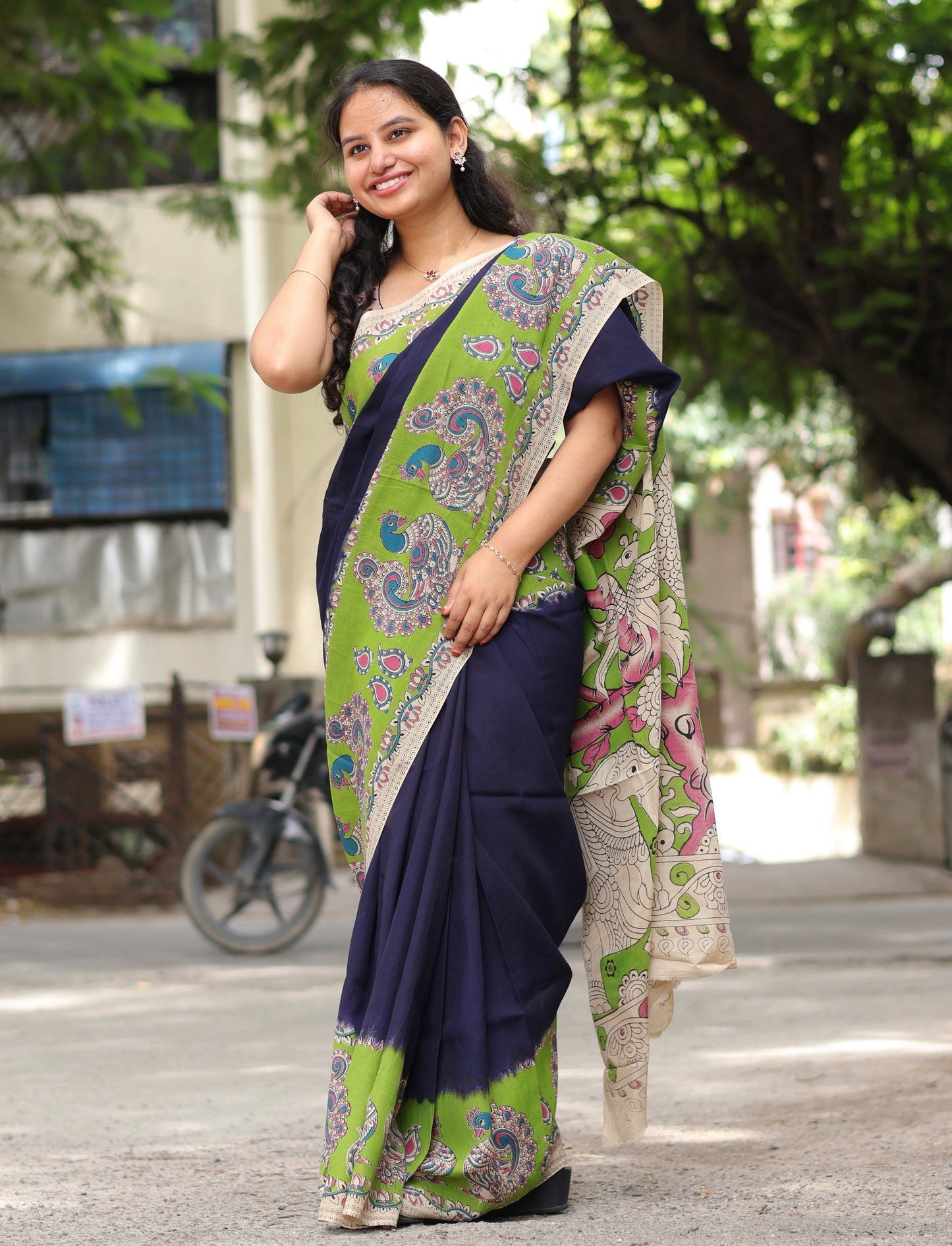 Blue & Green Kalamkari dyeing premium chennur silk saree