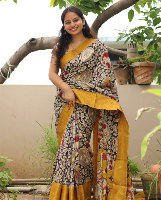 Black Kanchi border Kalamkari chennur silk saree