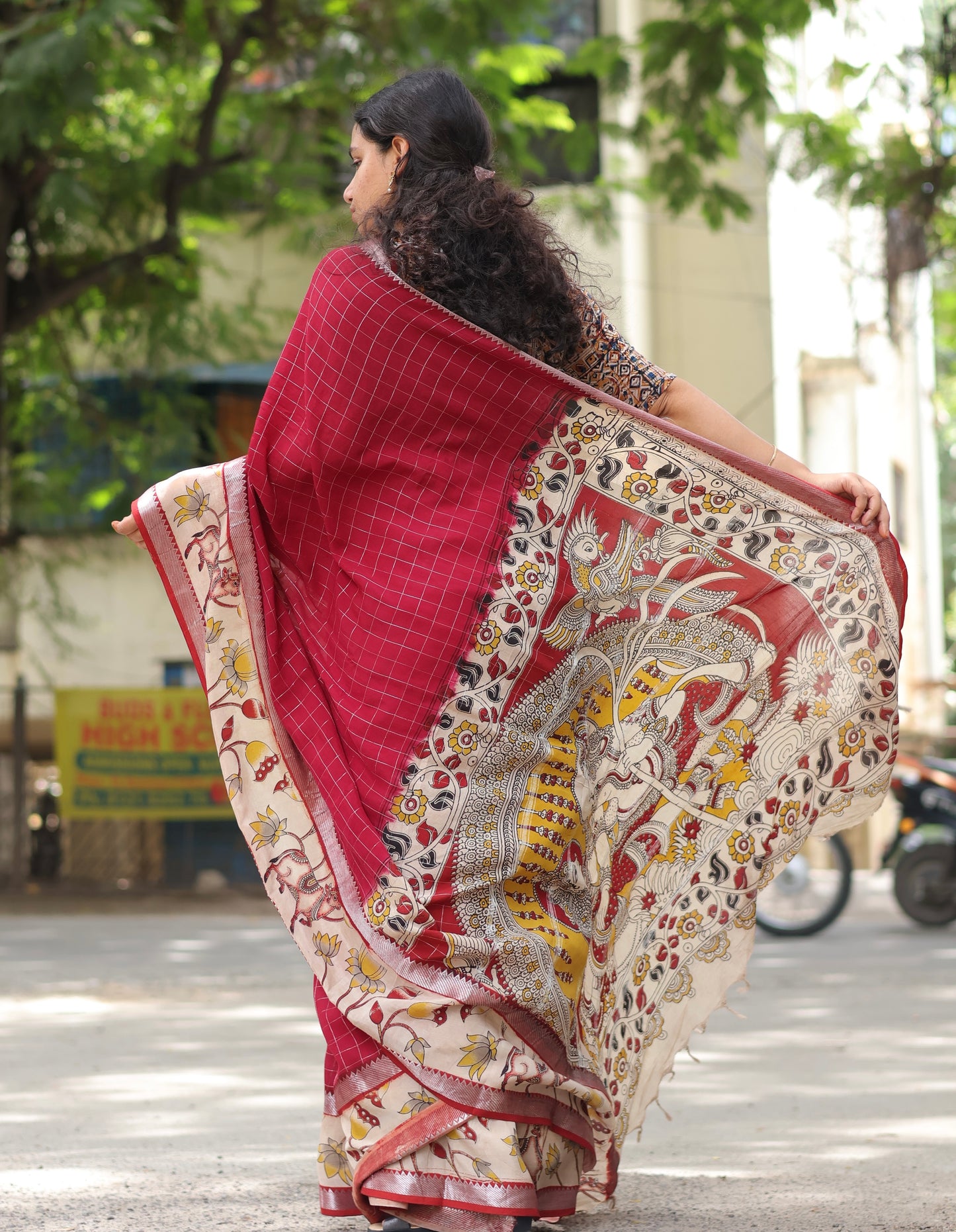 Maroon Checks Kalamkari dyeing premium chennur silk saree