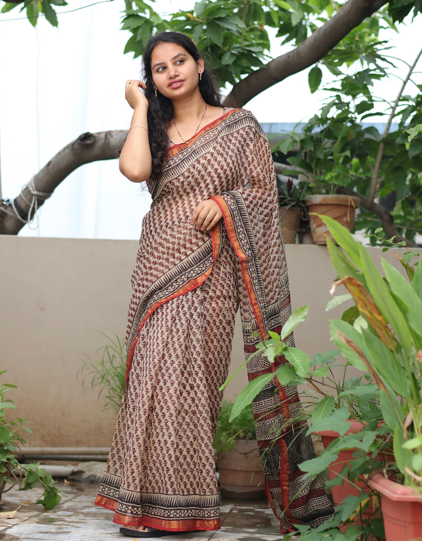 Cream Bagru Hand block printed Kota Doriya Saree