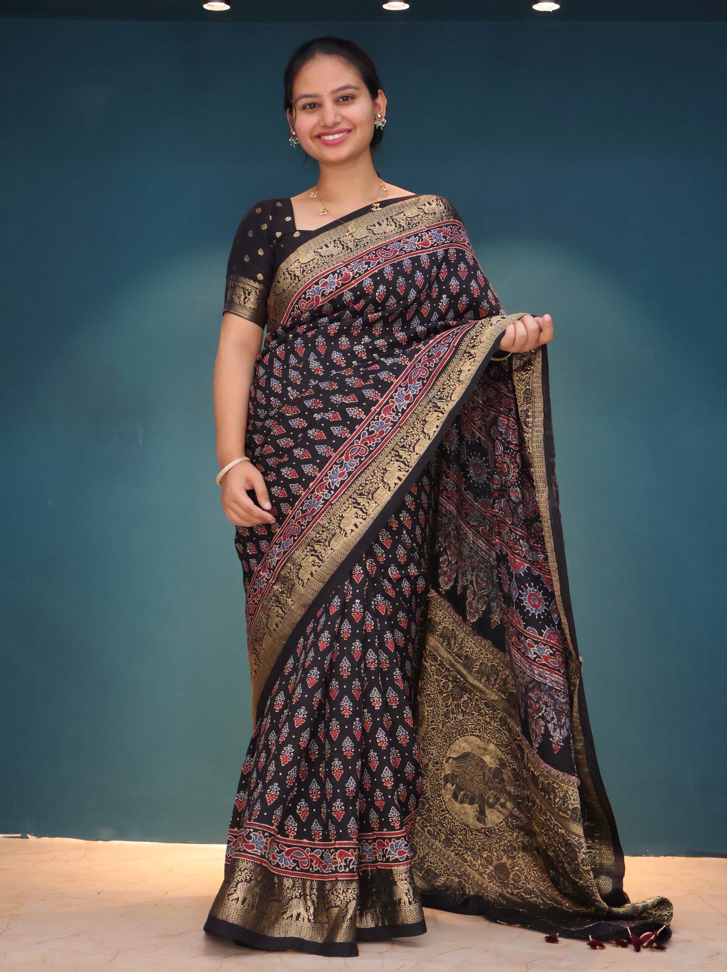 Black Ajrakh Dola Silk Saree