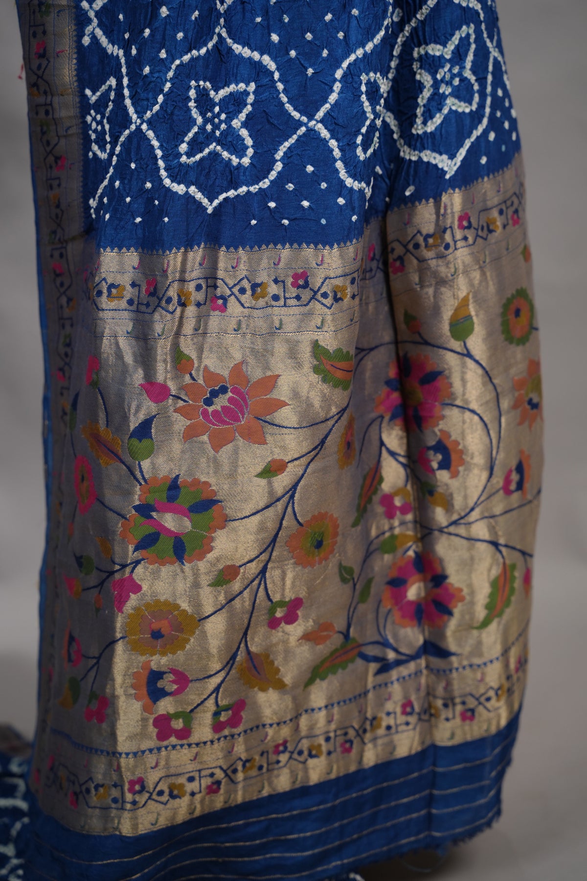 Blue Handcrafted Pattern Bandhani Paithani Dola Silk Saree | Looms & Tassels