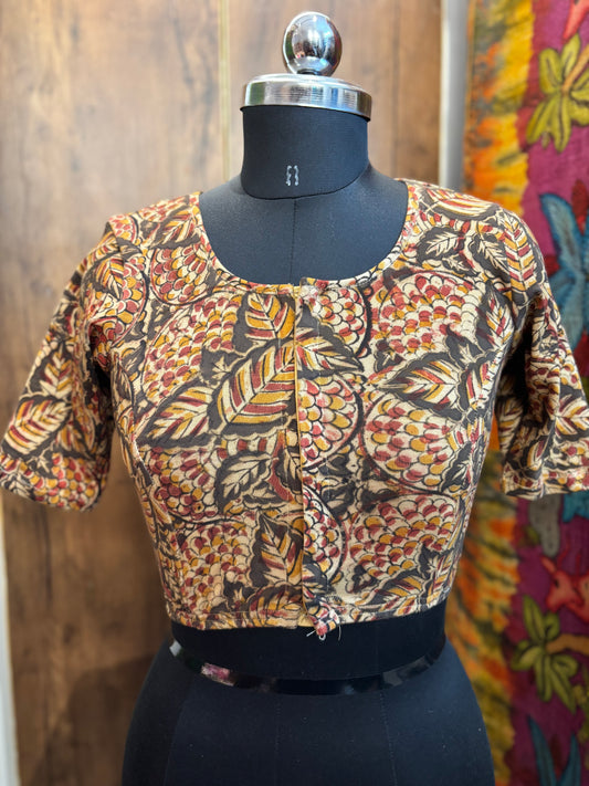 Round neck Stretchable Hand block printed kalamkari blouse with front hooks
