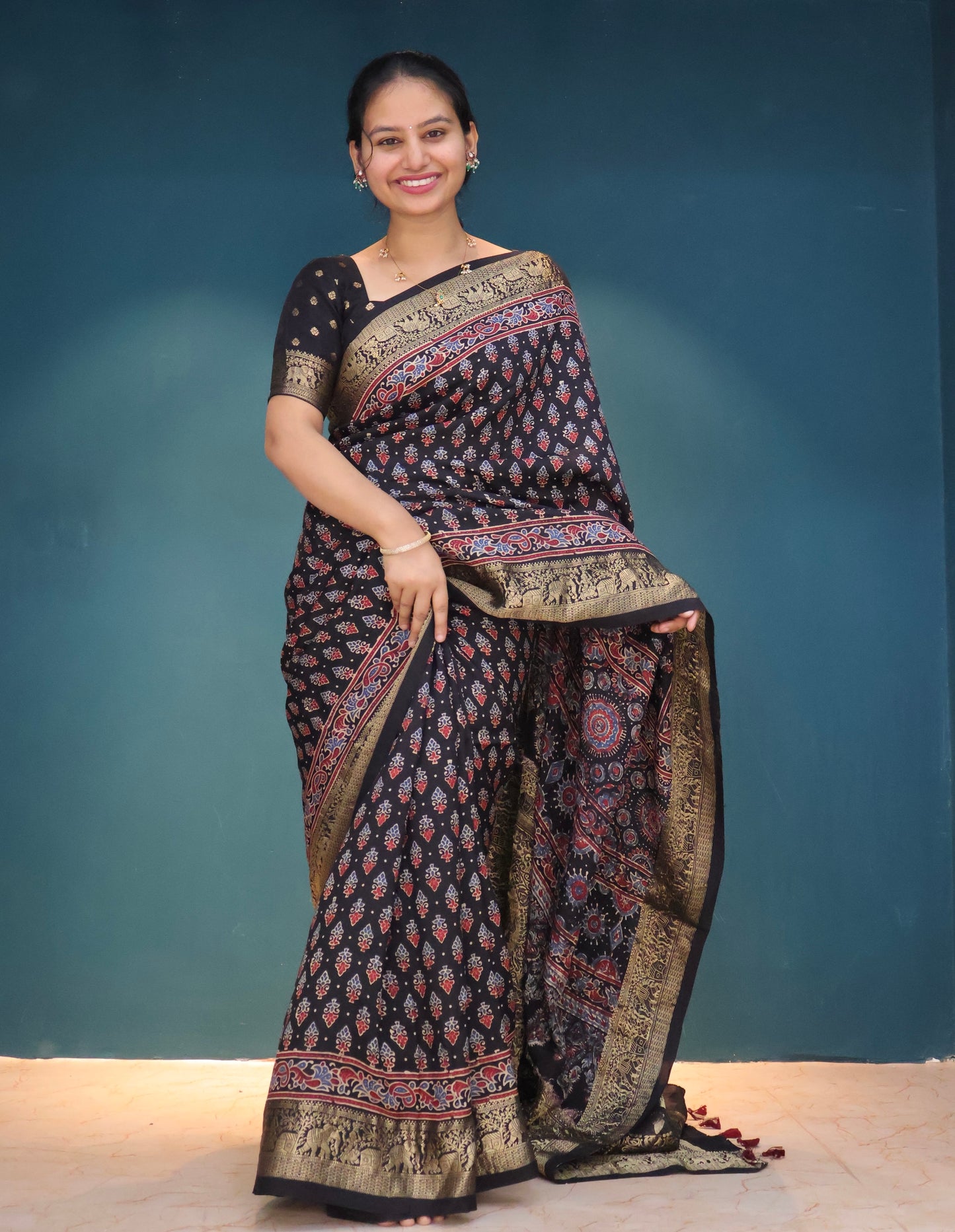 Black Ajrakh Dola Silk Saree