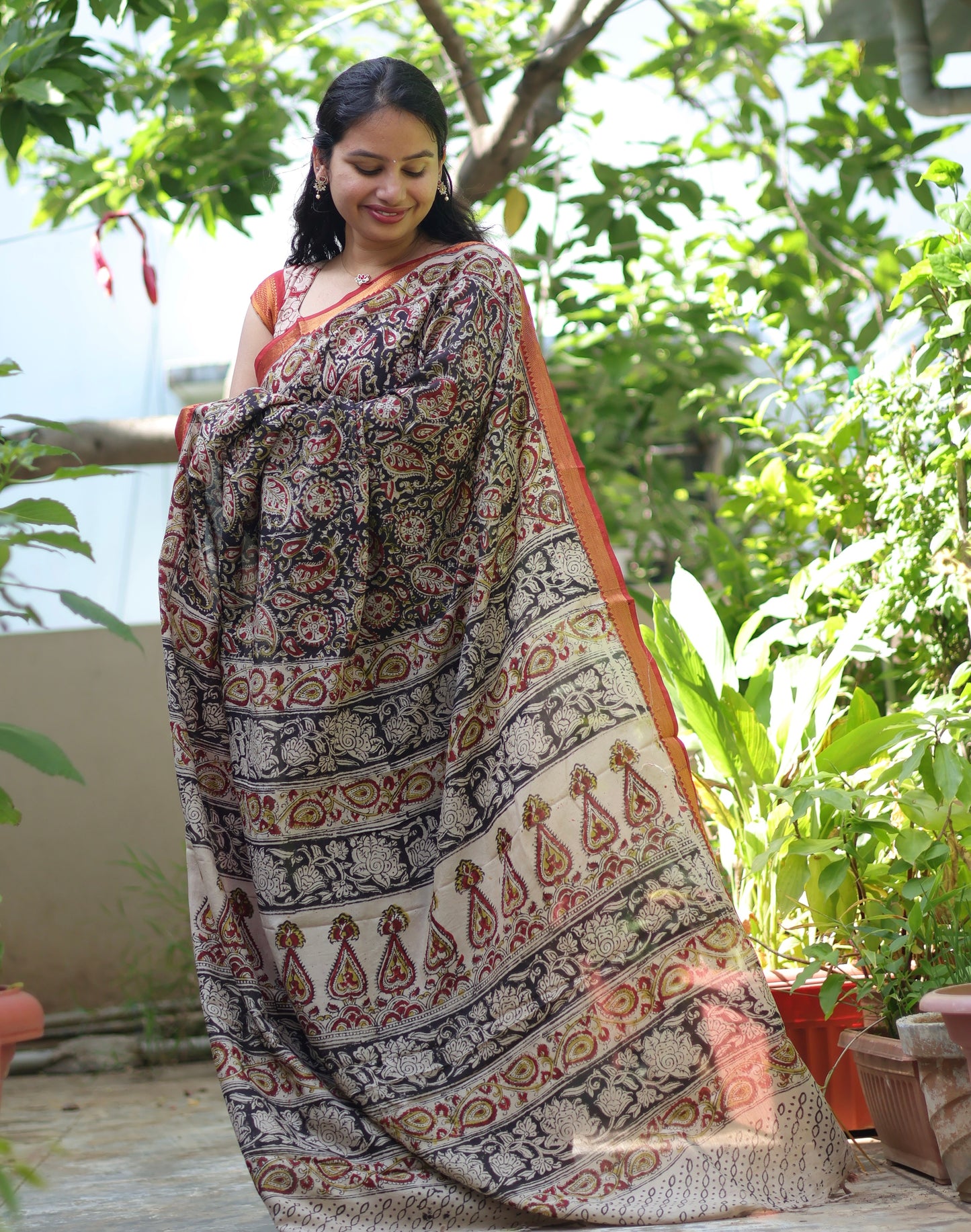 Black Hand Block Printed Kalamkari Nizam Border Silk Sare
