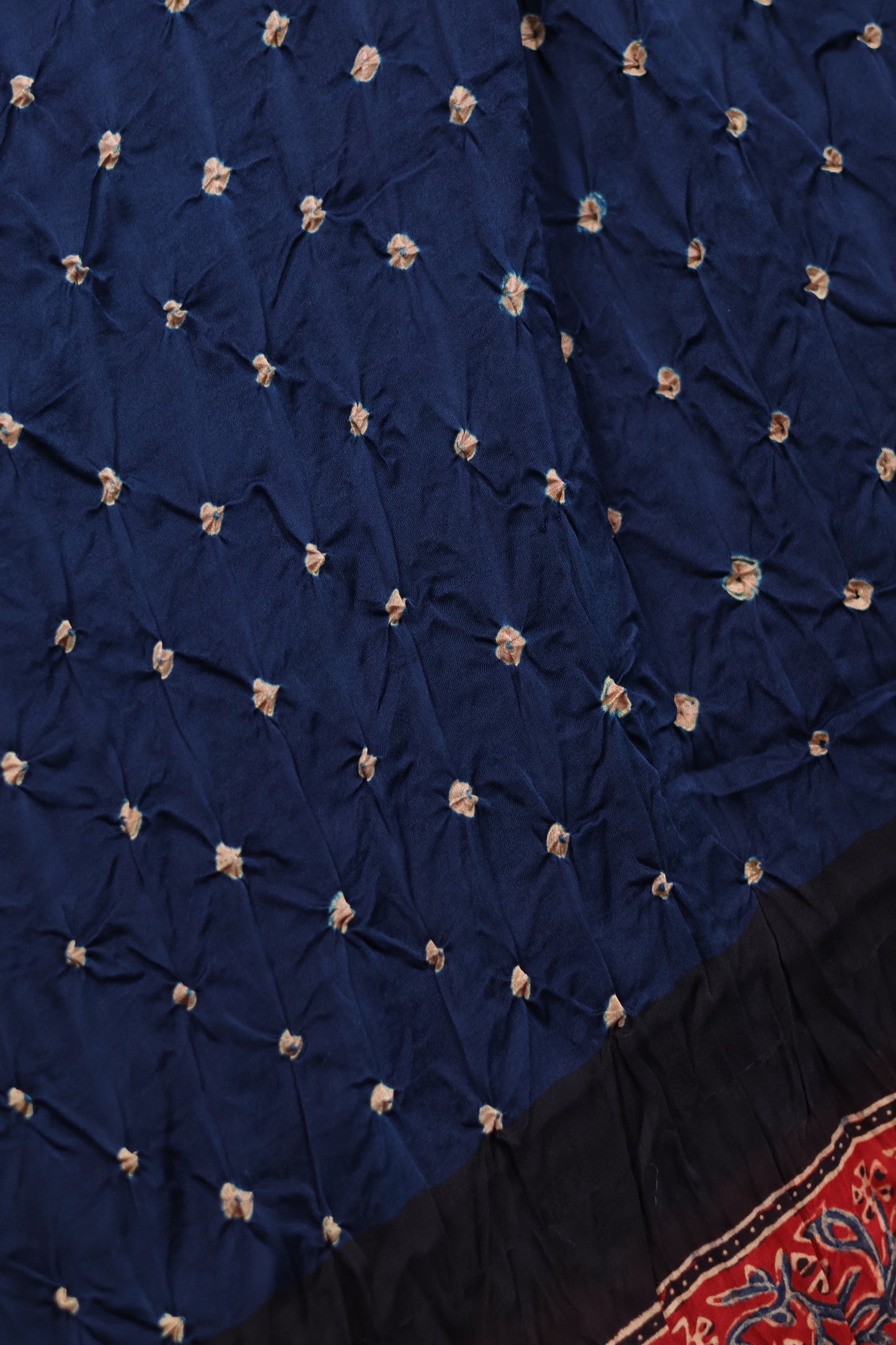 Cyan Blue Hand Knotted Ajrakh Bandhej Modal Silk Saree | Looms & Tassels