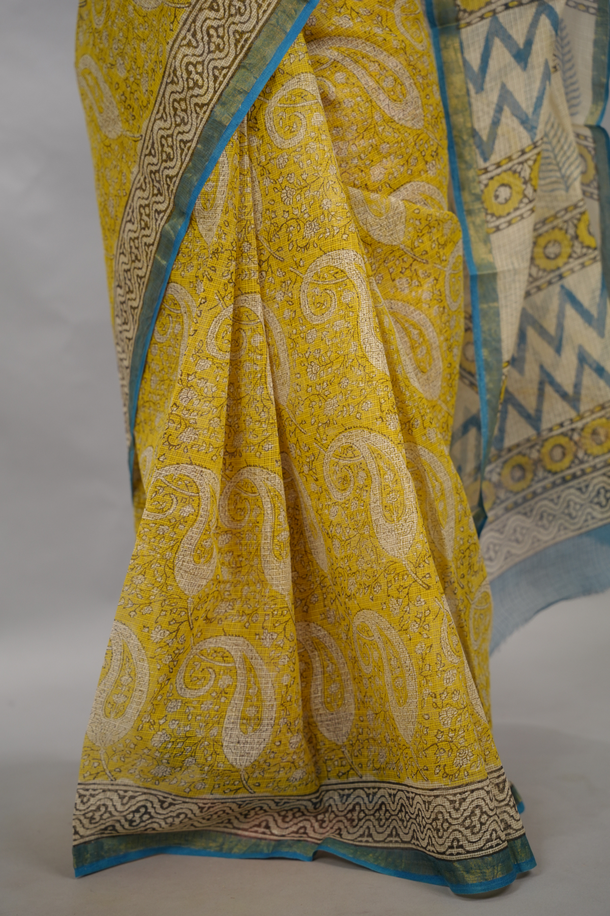 Yellow Pure Kota Doria Saree with Bagru Handblock Prints | Looms & Tassels