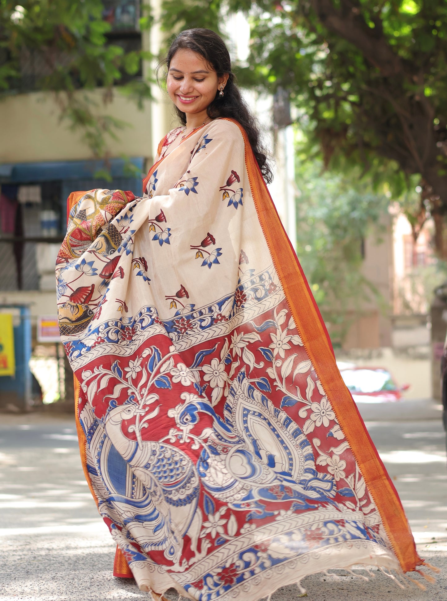 Cream Nizam Border Kalamkari Silk Saree