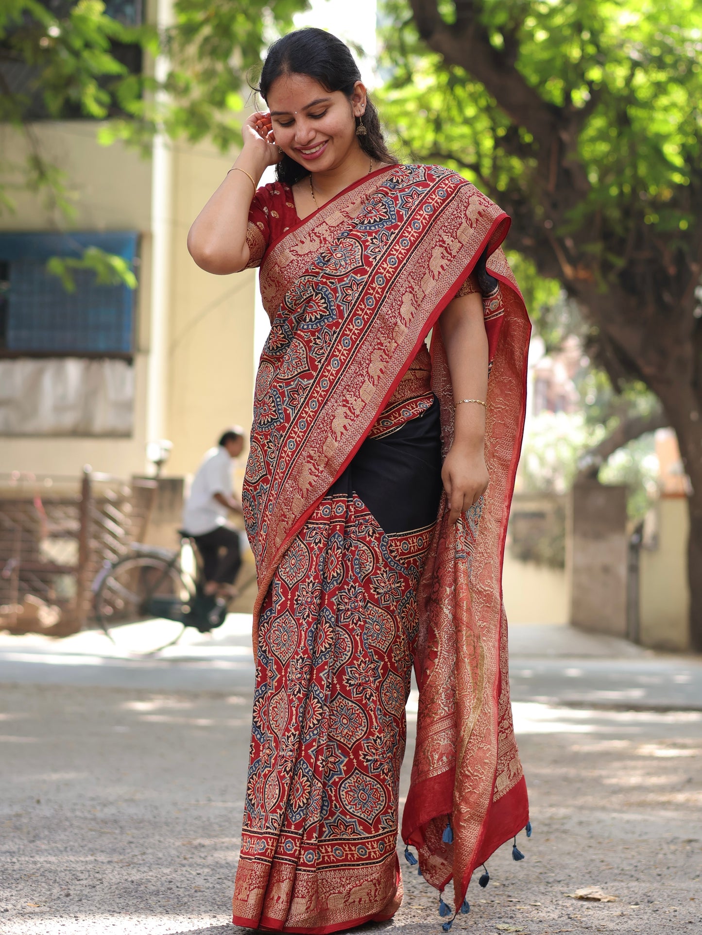 Black & Red Ajrakh Dola Silk Saree