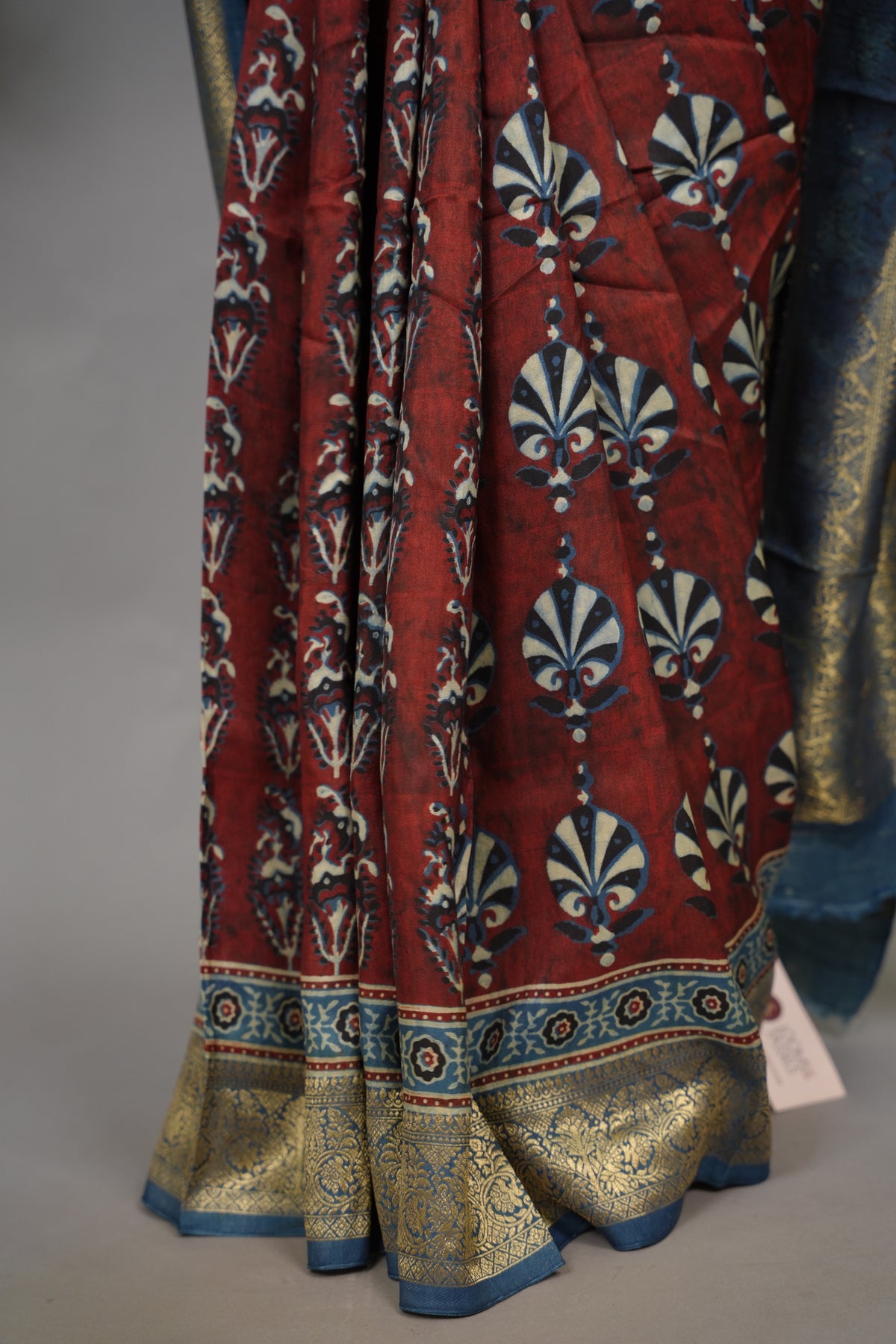 Ajrakh Dola Silk Saree - Brick Red | Looms & Tassels