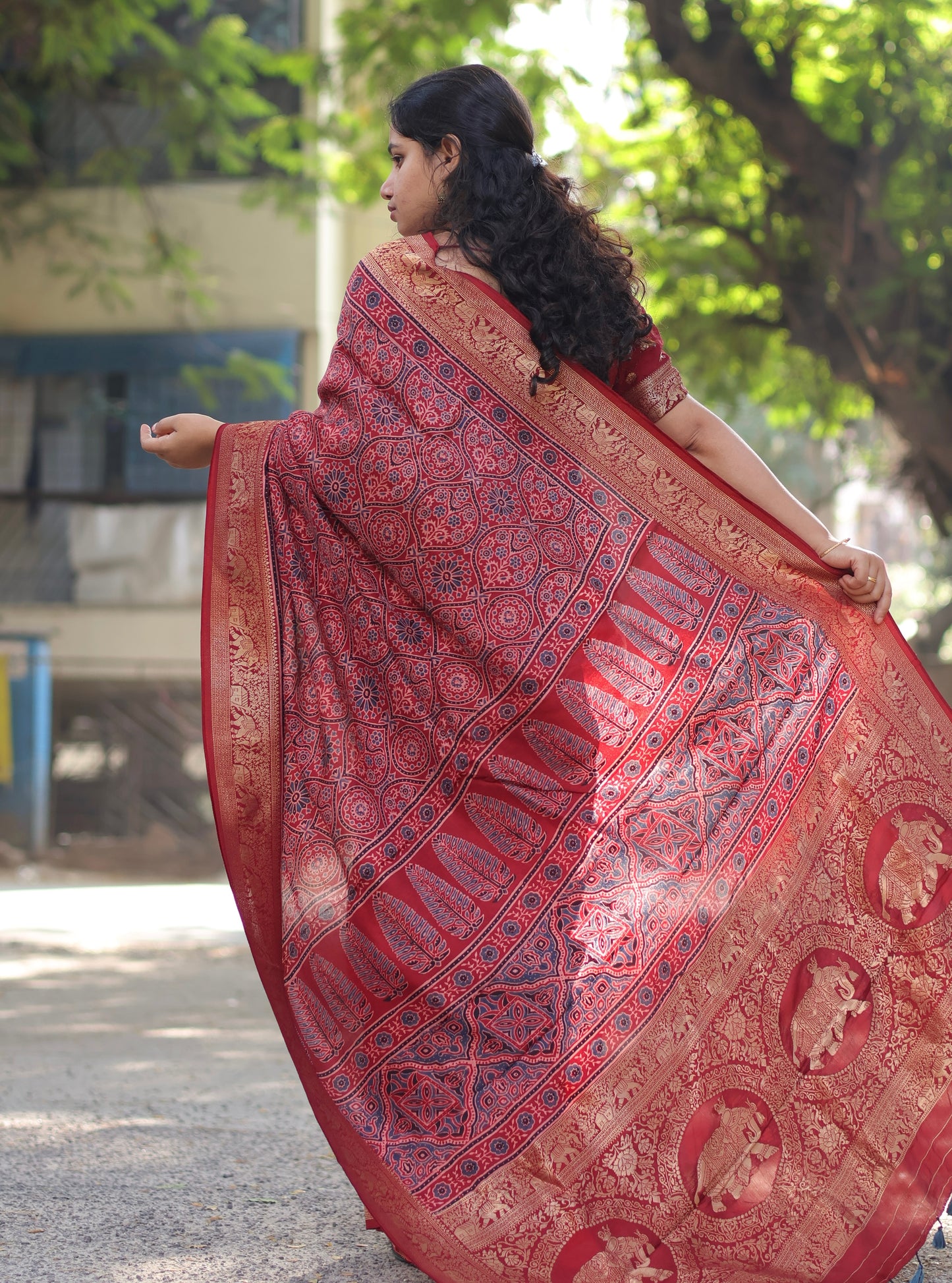 Maroon Traditional Ajrakh Dola Silk Saree