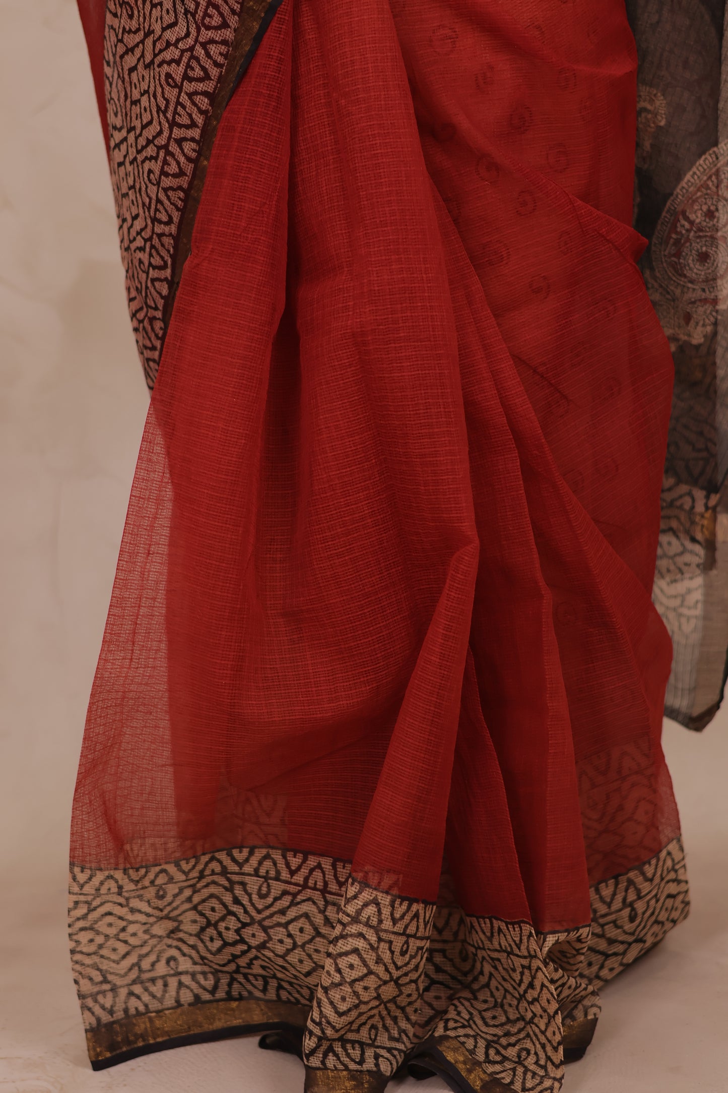 Maroon Pure Kota Doria Saree with Bagru Handblock Prints | Looms & Tassels