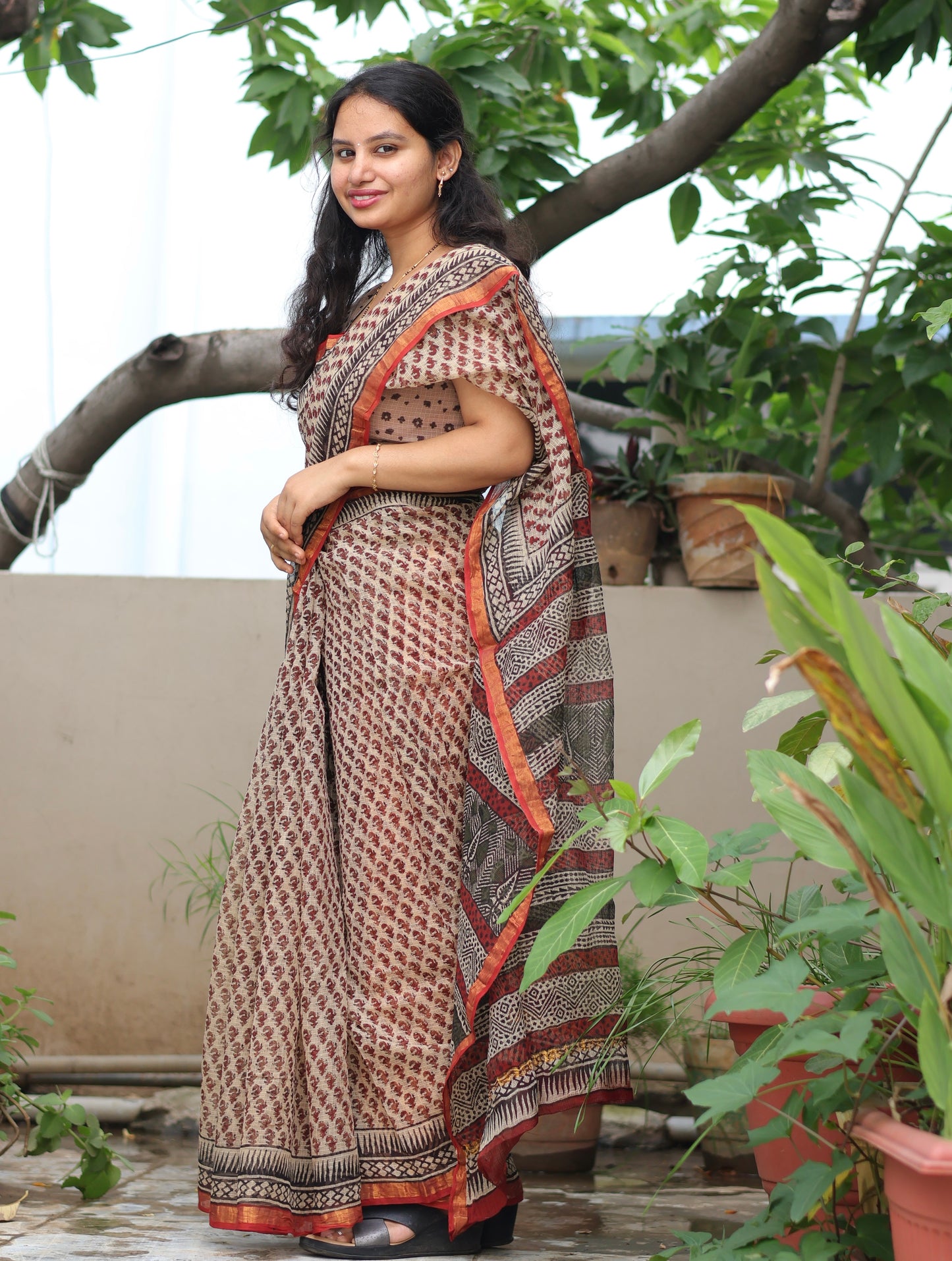 Cream Bagru Hand block printed Kota Doriya Saree