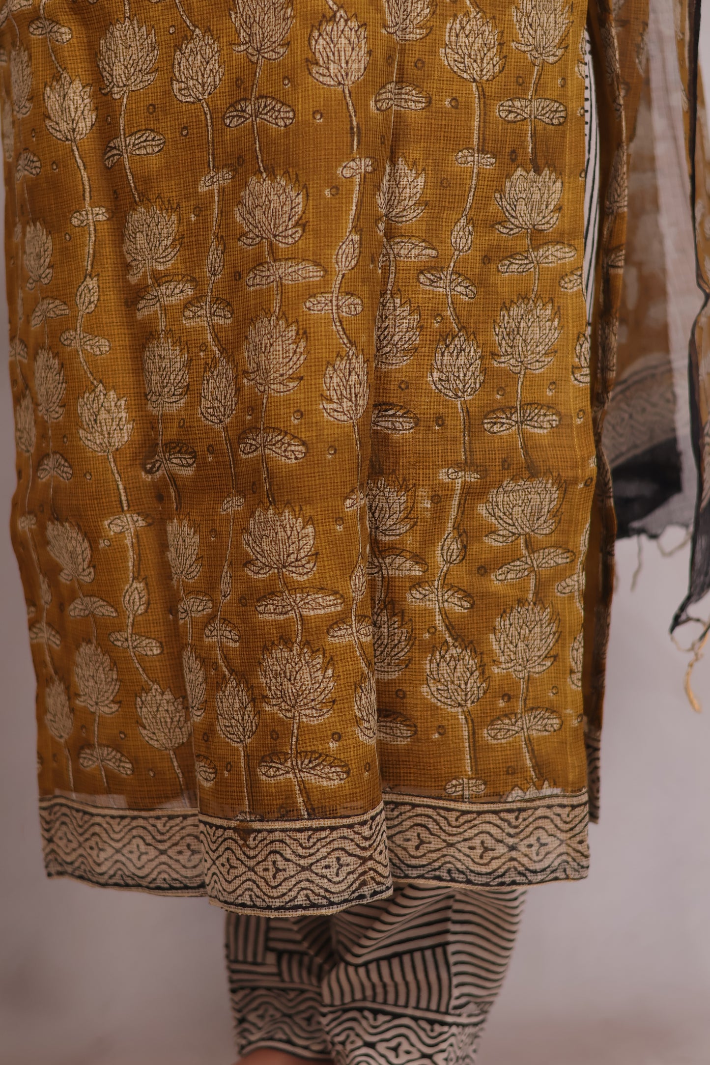 Mustard Handblock printed kota 3 piece suit (stitched)