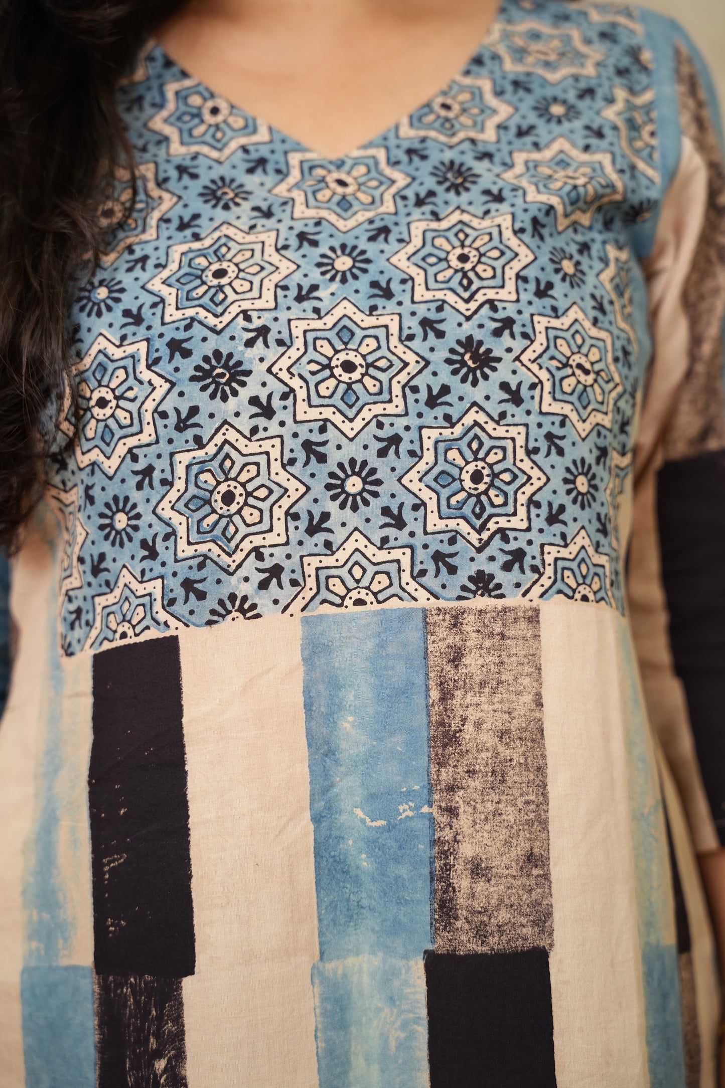 Contemporary Ajrakh Pattern Hand Block printed Kurti | Looms & Tassels