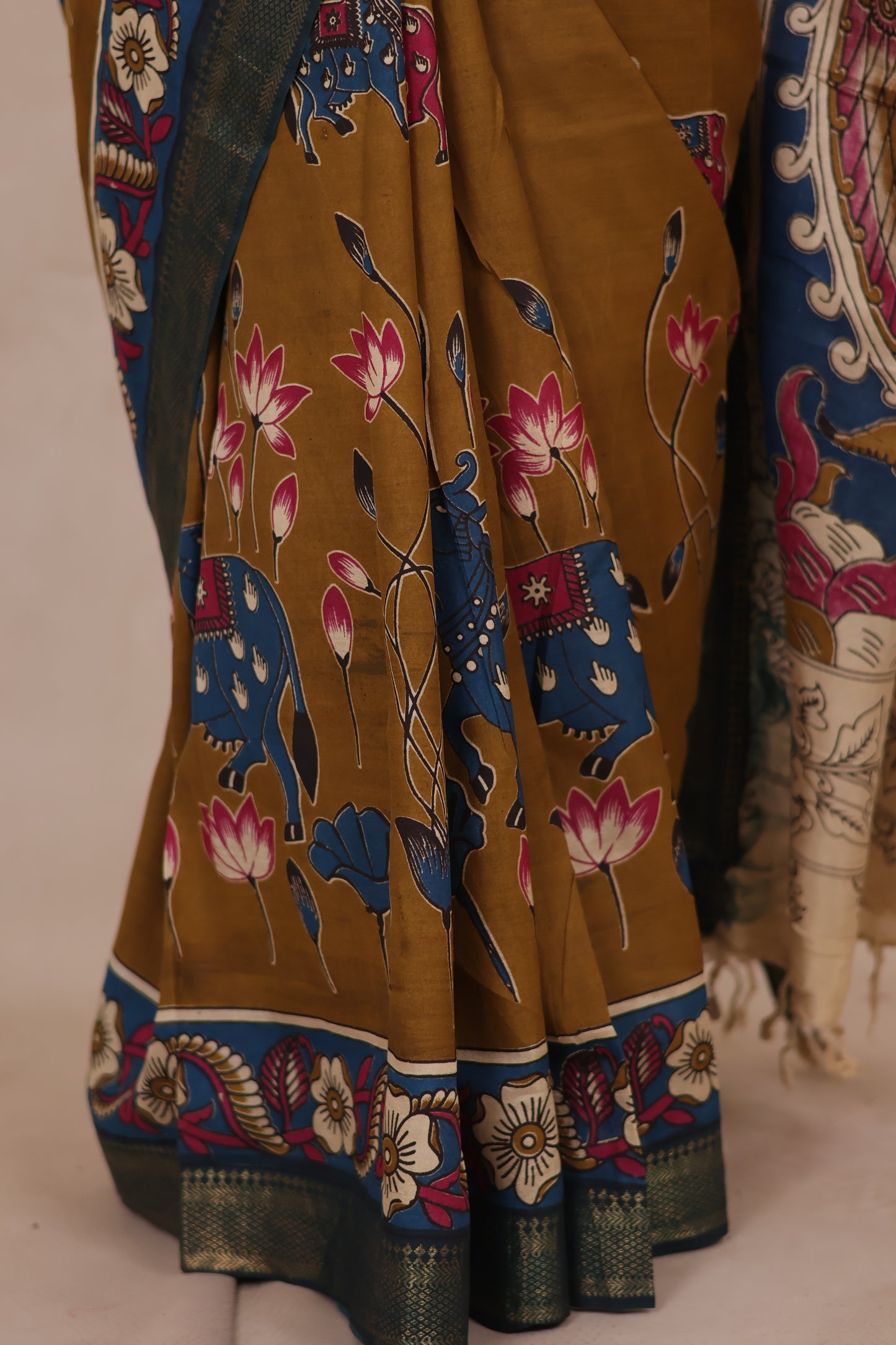 Mustard Kalamkari Nizam Border Chennur Silk Saree | Looms & Tassels